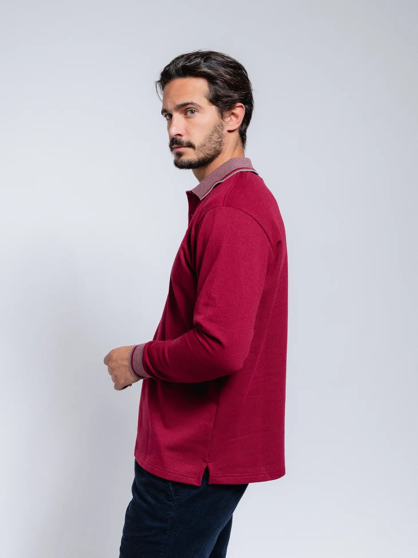 Faire,SMF, SMF Burgundy Knit Long Sleeve Button Up Knit Polo With Contrast Collar And Cuff Detail, Red, Extra Large-46-TagXXLExtra Large-46-TagXLLarge-45-TagXLLarge-44-TagLMedium-42-TagMSmall-40-TagSMedium-42-TagL
