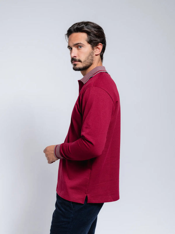 SMF Burgundy Knit Long Sleeve Button Up Knit Polo With Contrast Collar And Cuff Detail