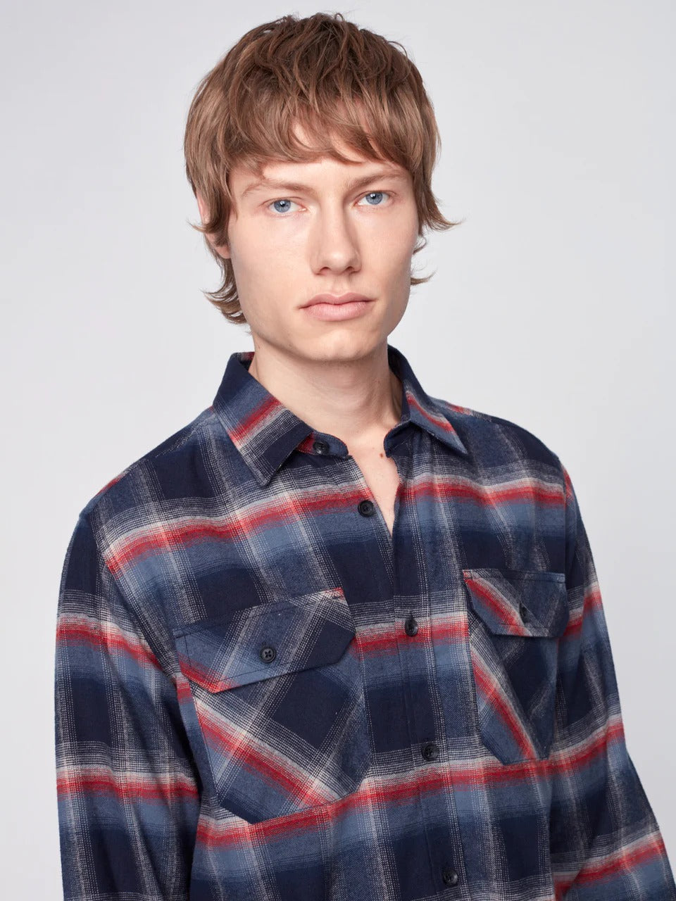 Wholesale,Projek Raw, Projek Raw Slate Blue Brushed Flannel Plaid Long Sleeve Plaid Shirt, Blue, Extra Extra Large-52-TagXXL