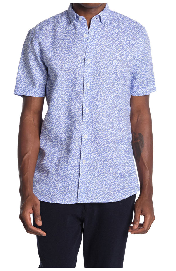 Toscano Blue Mini Floral Print Linen Blend Short Sleeve Button Up Shirt