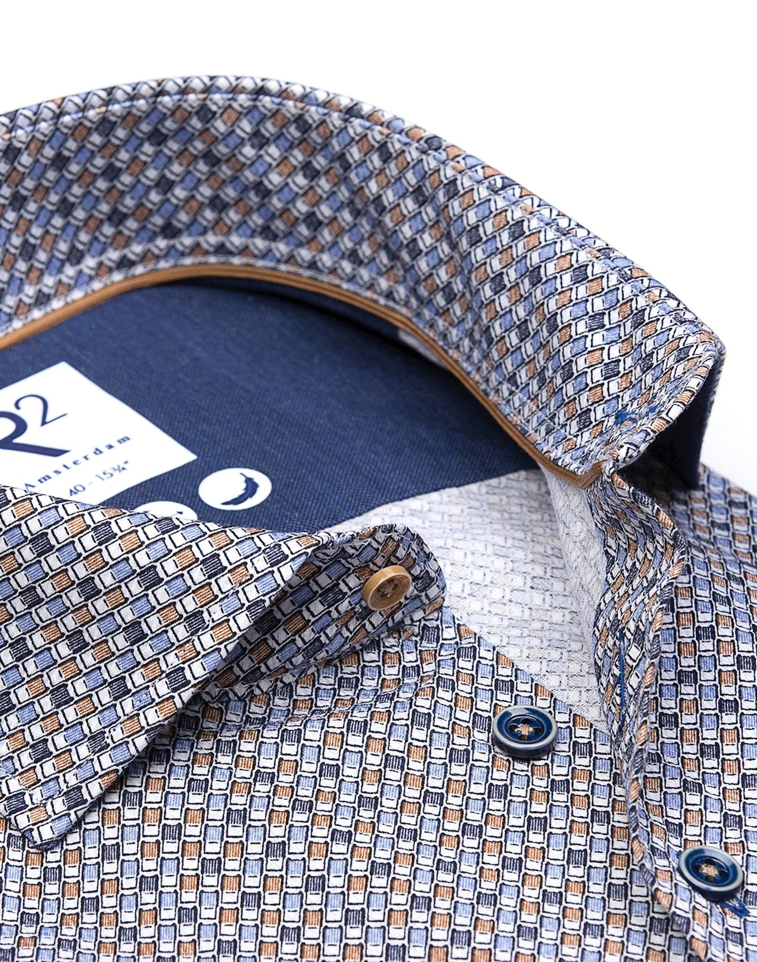 Brand Partner,R2 Amsterdam, R2 Amsterdam Blue Suitcase Print Cotton Long Sleeve Button Up Shirt, Blue, Small-41-Tag39Extra Large-50-Tag44