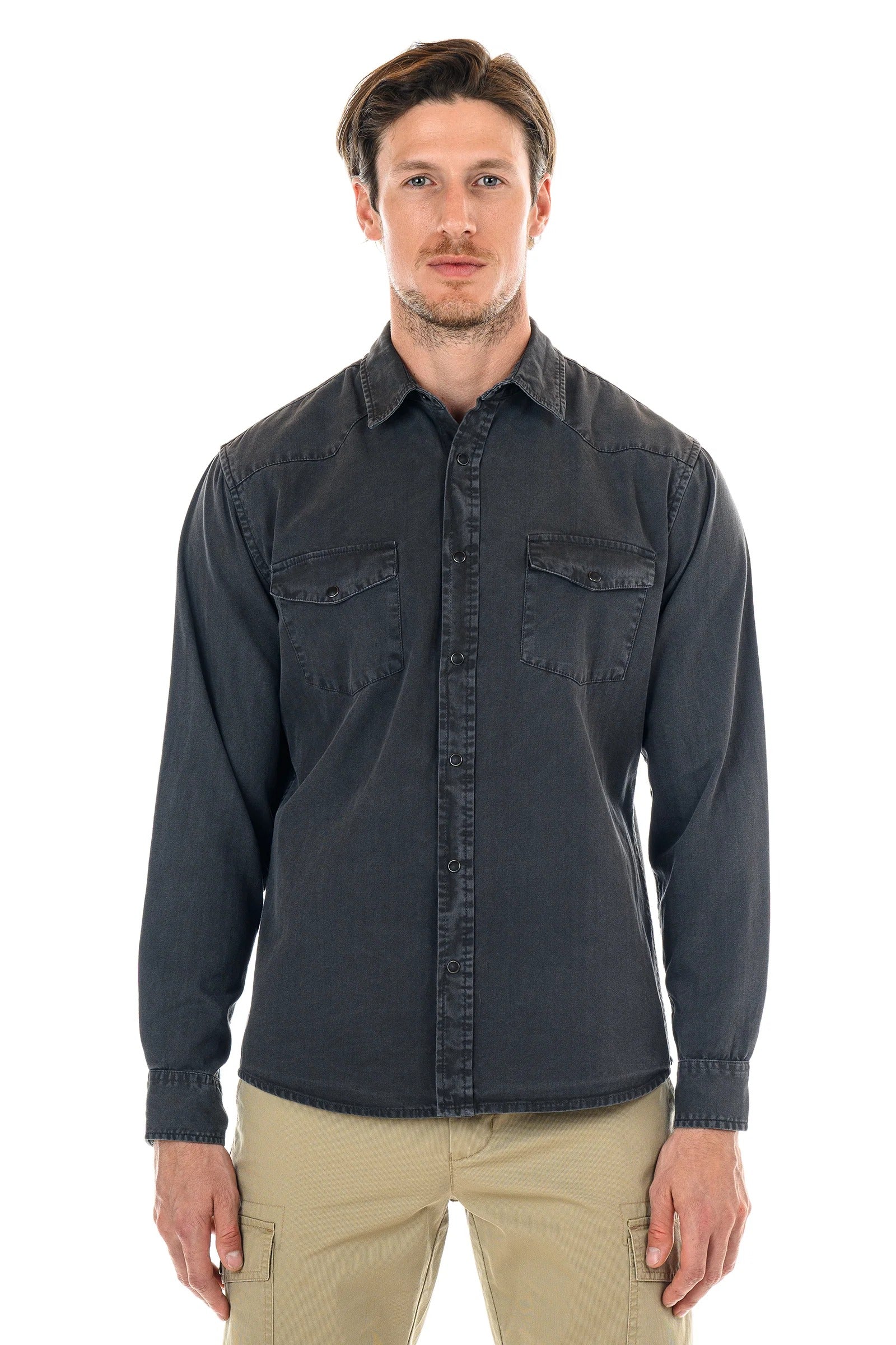 Wholesale,Original Paperbacks, Original Paperbacks Washed Grey Herringbone Long Sleeve Shirt, Grey, Large-47-TagL