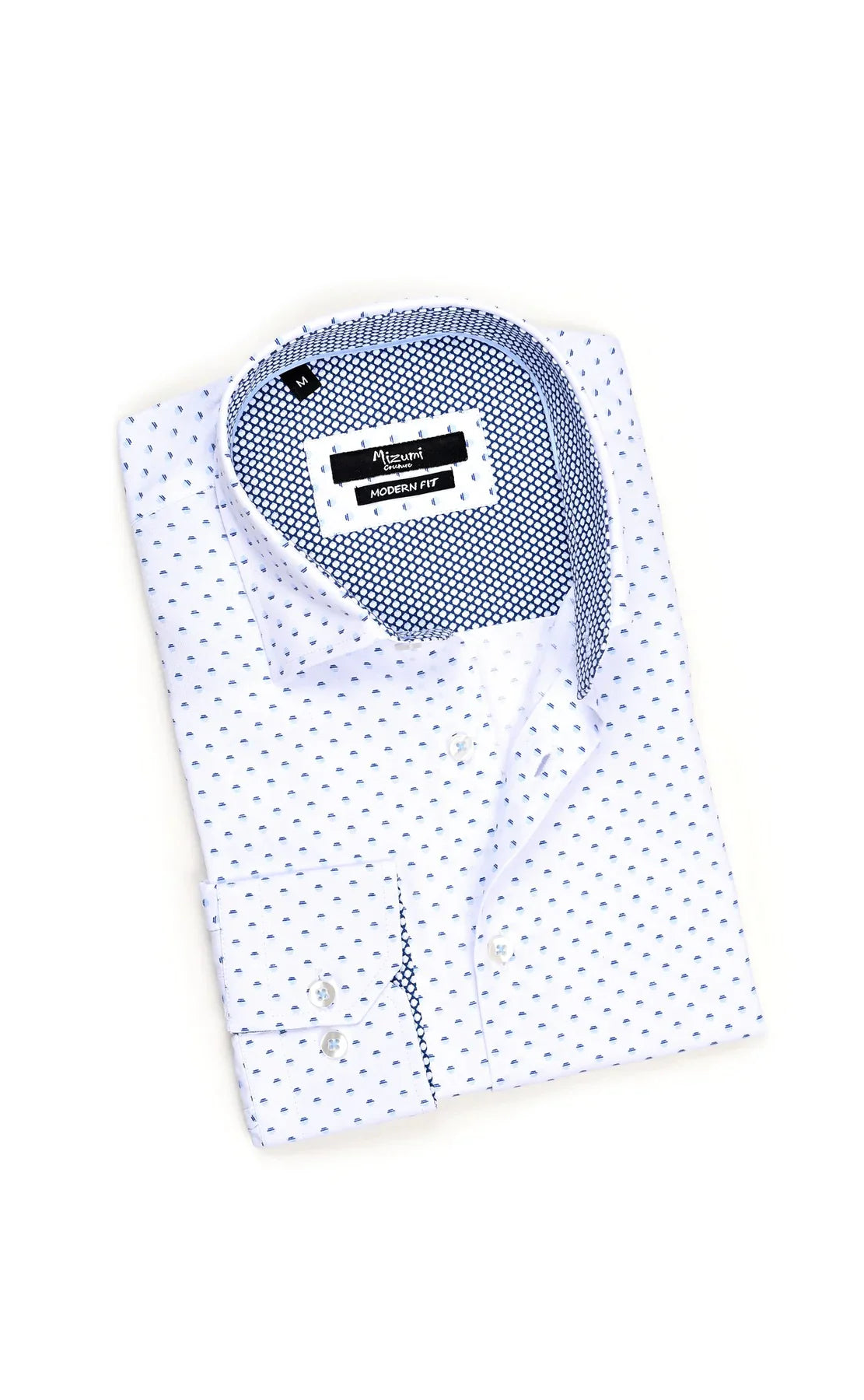Wholesale,Mizumi, Mizumi White With Blue Geometric Dot Print Long Sleeve Button Up Shirt, White, Extra Large-50-TagXXLExtra Large-48-TagXLLarge-46-TagLMedium-44-TagMSmall-42-TagS