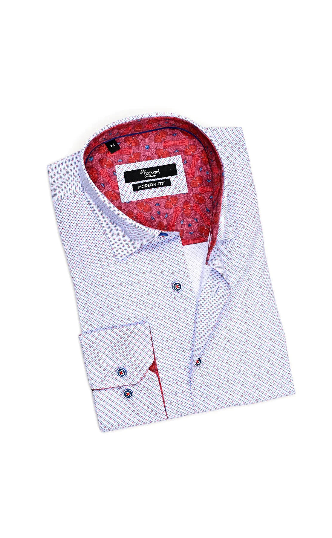 Wholesale,Mizumi, Mizumi White With Blue And Red Dot Print Long Sleeve Button Up, White, Extra Extra Large-51-TagXXLLarge-46-TagLMedium-42-TagSExtra Large-48-TagXL