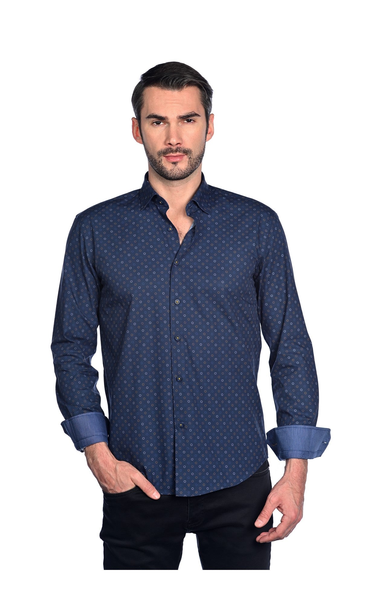 Wholesale,Mizumi, Mizumi Navy With Multi Colored Circle Print Long Sleeve Button Up Shirt, Blue, Extra Extra Large-51-TagXXLMedium-43-TagS