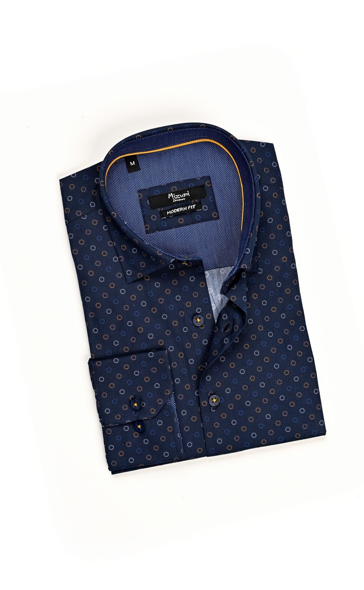 Wholesale,Mizumi, Mizumi Navy With Multi Colored Circle Print Long Sleeve Button Up Shirt, Blue, Extra Extra Large-51-TagXXLMedium-43-TagS