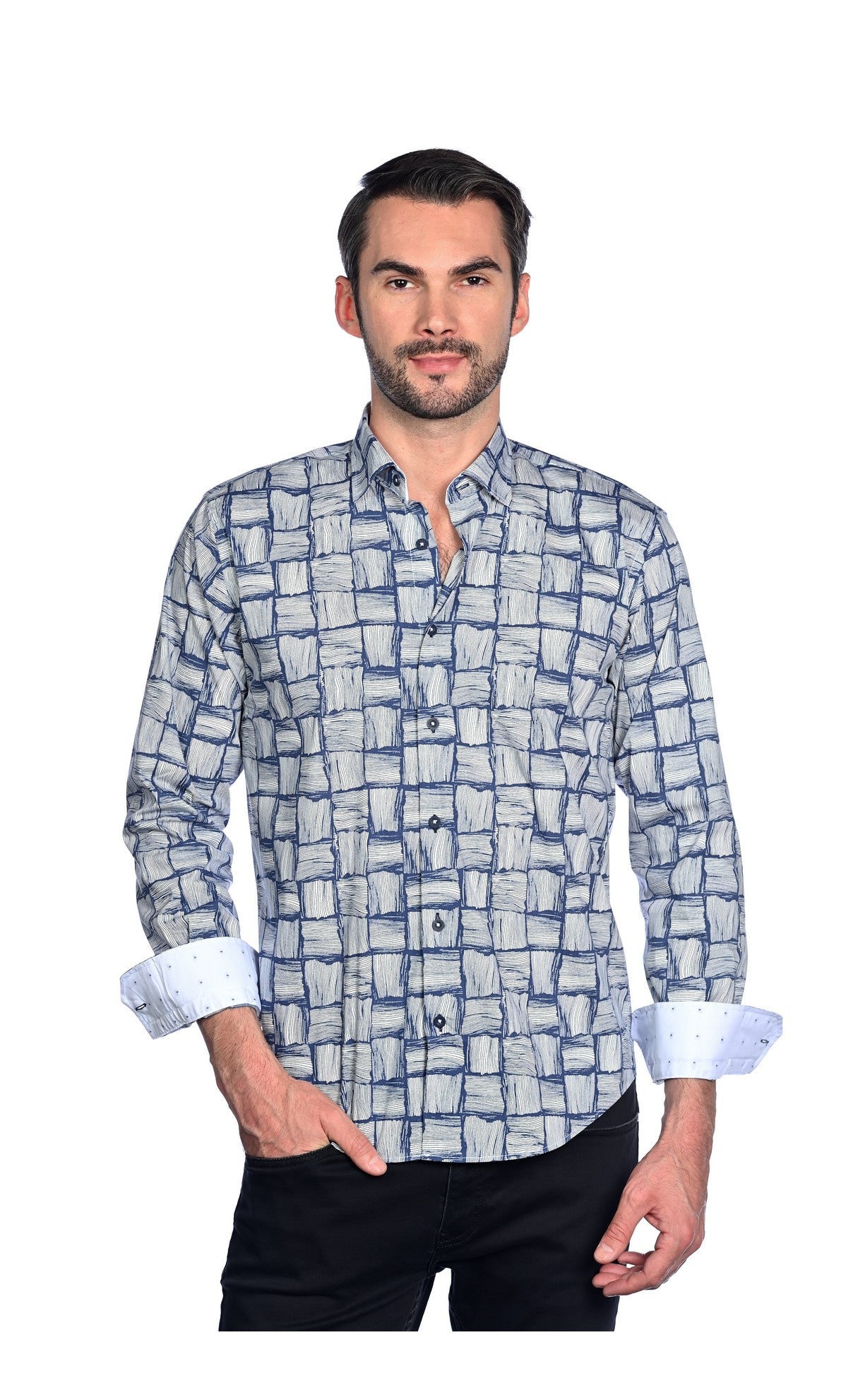 Wholesale,Mizumi, Mizumi Blue With Brushed Line Square Print Long Sleeve Button Up Shirt, White, Extra Large-48-TagXL