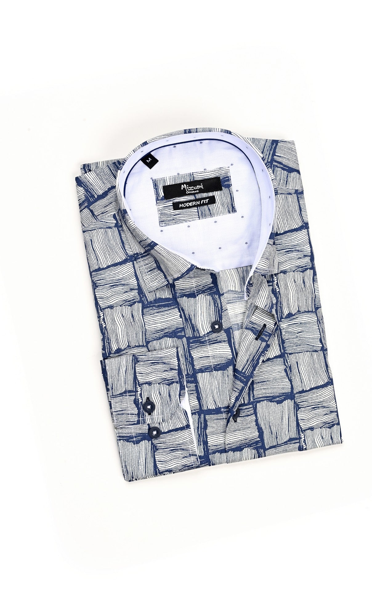 Wholesale,Mizumi, Mizumi Blue With Brushed Line Square Print Long Sleeve Button Up Shirt, White, Large-46-TagL