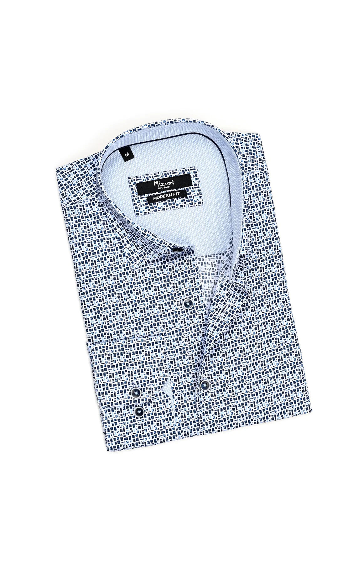 Wholesale,Mizumi, Mizumi White And Blue Square Print Long Sleeve Button Up Shirt, White, Large-46-TagL