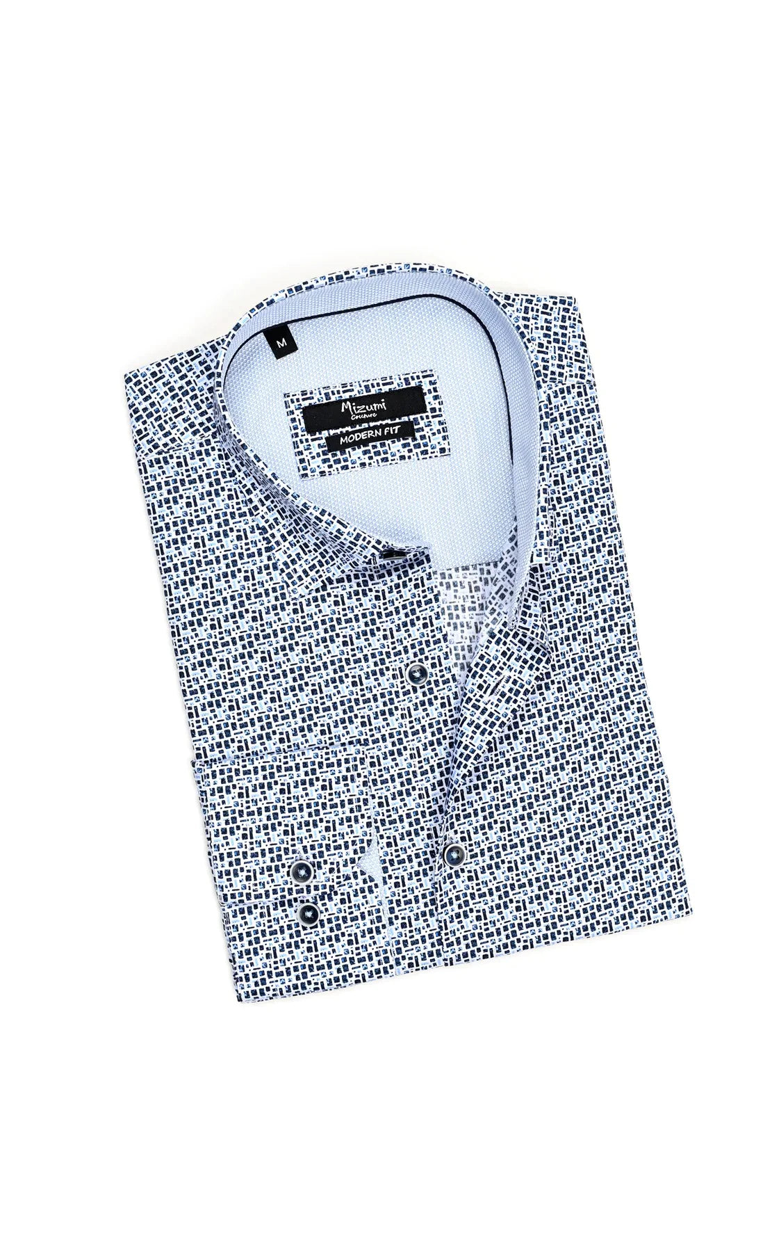 Wholesale,Mizumi, Mizumi White And Blue Square Print Long Sleeve Button Up Shirt, White, Extra Large-48-TagXLLarge-46-TagLMedium-44-TagMMedium-42-TagSExtra Extra Large-51-TagXXL