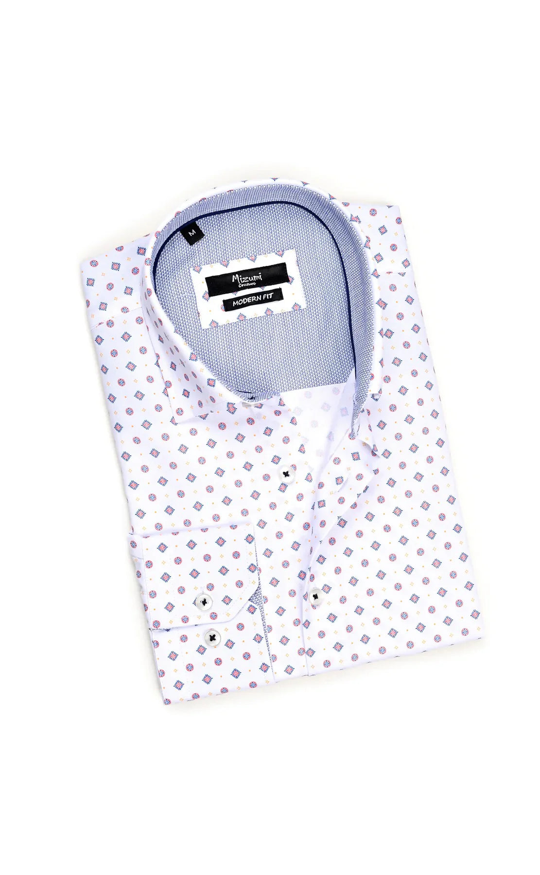 Wholesale,Mizumi, Mizumi White With Navy And Red Geometric Diamond Dot Print Long Sleeve Button Up Shirt, White, Extra Extra Large-51-TagXXLExtra Large-48-TagXLLarge-46-TagLMedium-44-TagMMedium-42-TagS