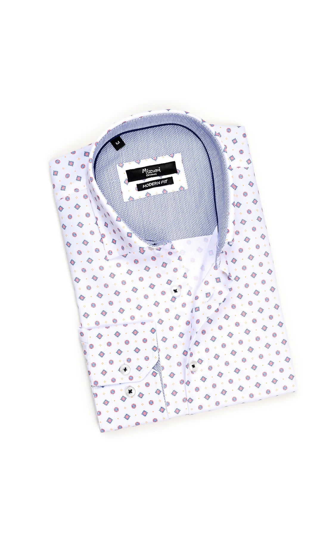 Wholesale,Mizumi, Mizumi White With Navy And Red Geometric Diamond Dot Print Long Sleeve Button Up Shirt, White, Medium-42-TagS