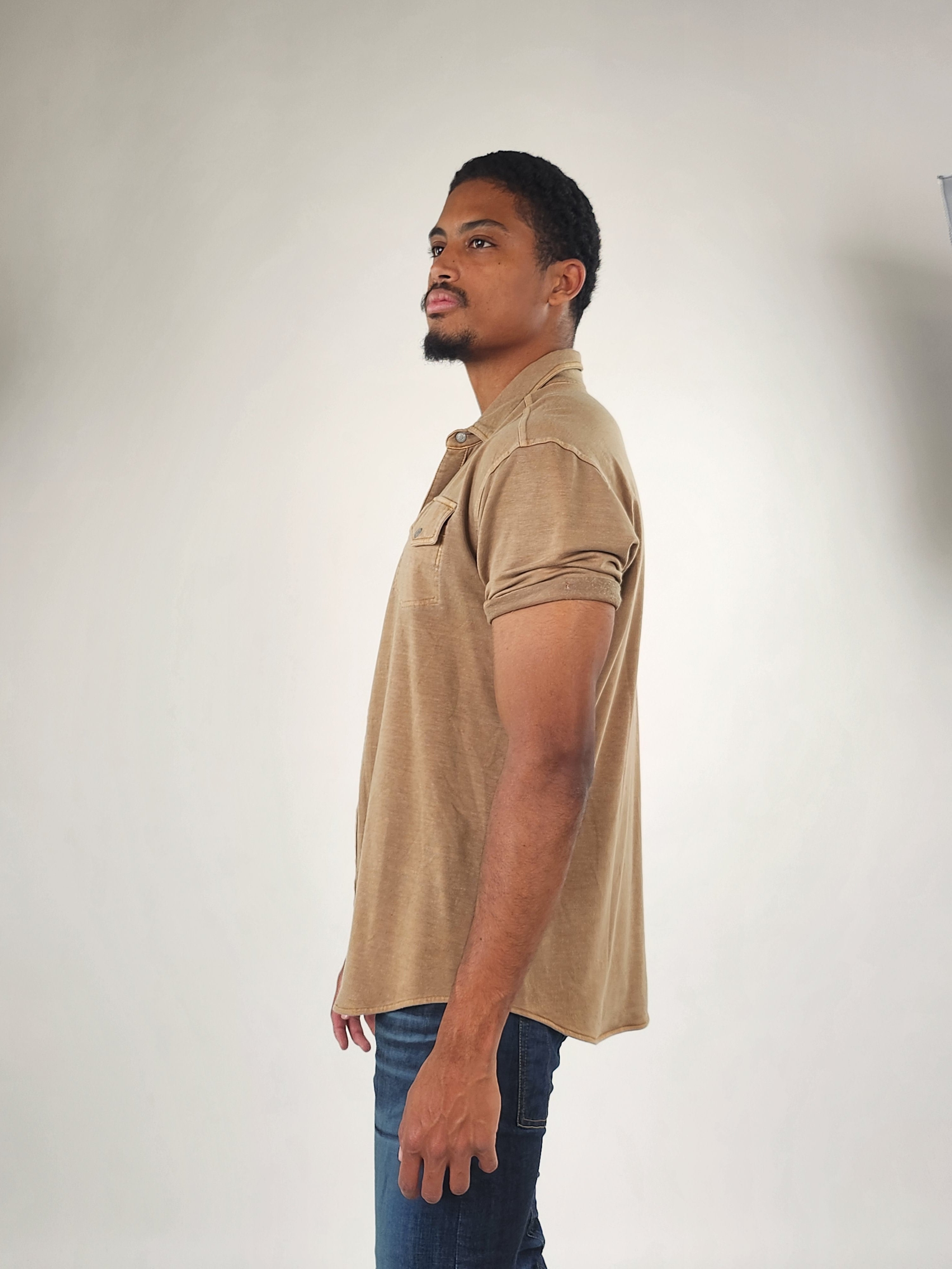 Wholesale,Reesedeluca, Reese De Luca Tan Short Sleeve Knit Snap Button Up Shirt, Tan, Medium-44-TagM