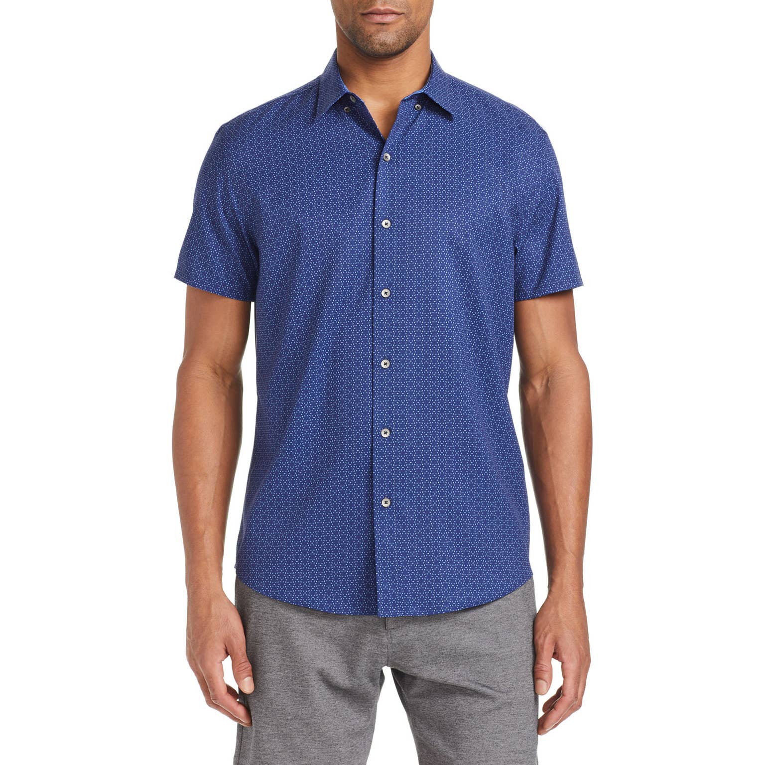 Faire,W.R.K., W.R.K Blue Geometric Print 4-Way Stretch Short Sleeve Button Up Shirt, Blue, Extra Large-47-TagXL