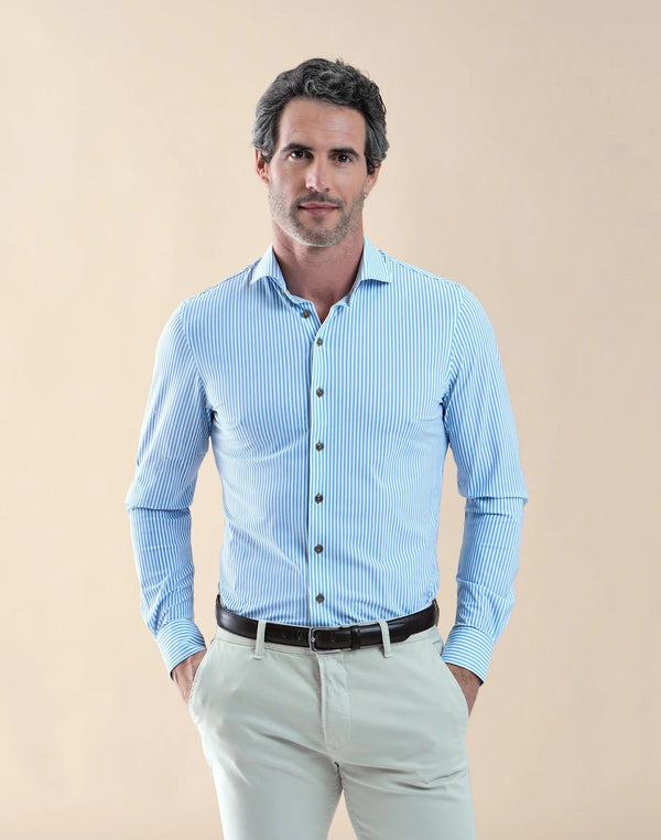 R2 Amsterdam Blue Striped Knitted 4-way stretch Shirt