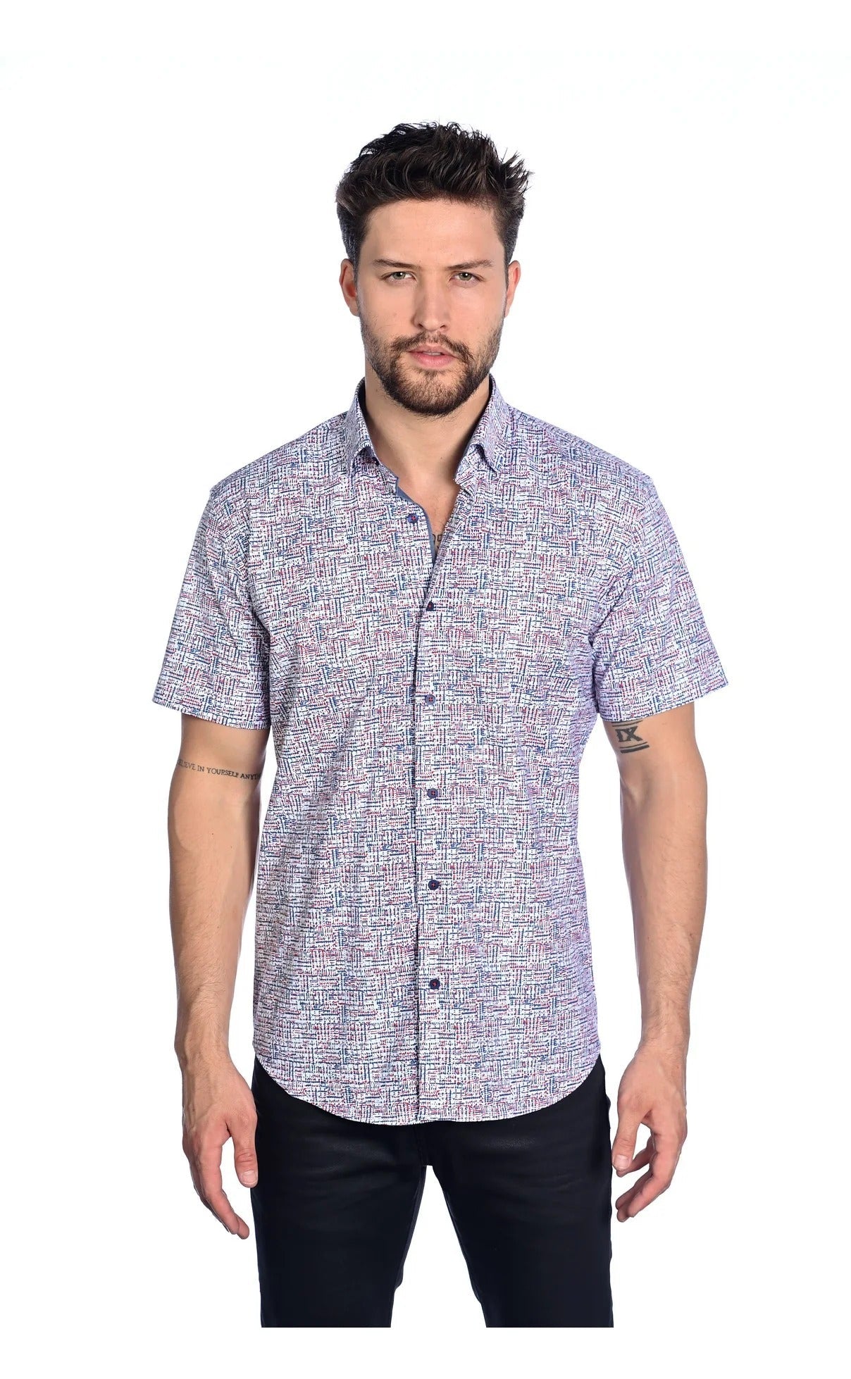 Wholesale,Mizumi, Mizumi White/Multi Geo Print Short Sleeve Button Up Shirt, White, Extra Large-49-TagXXLLarge-46-TagXLMedium-44-TagLMedium-42-TagM