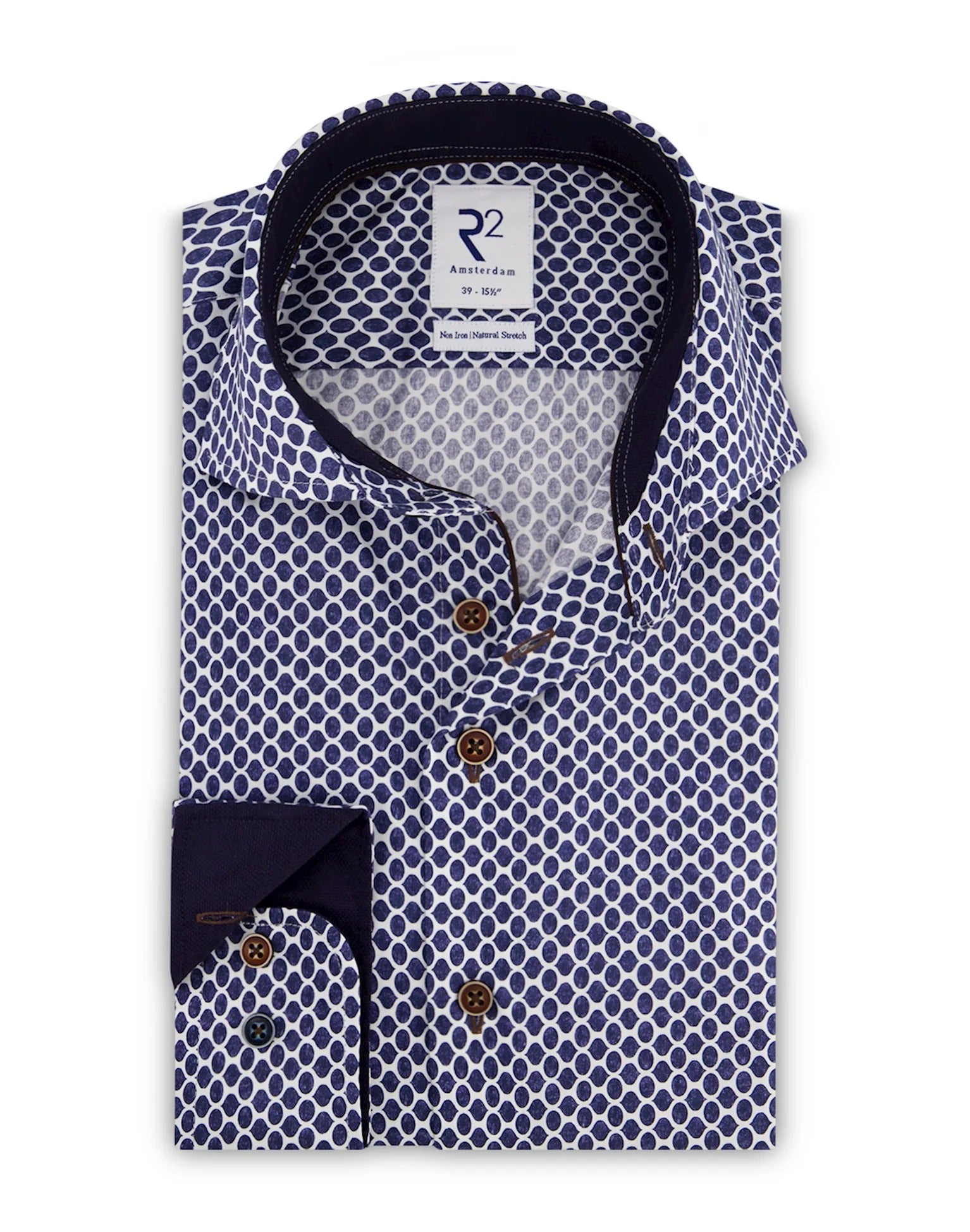 Brand Partner,R2 Amsterdam, R2 Amsterdam Dark Blue Circle Print Cotton Long Sleeve Button Up Shirt, Blue, Large-47-Tag43