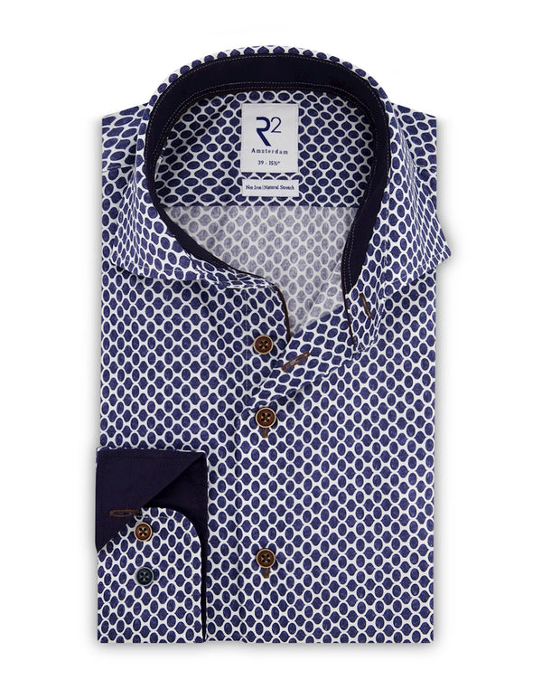 R2 Amsterdam Dark Blue Circle Print Cotton Long Sleeve Button Up Shirt