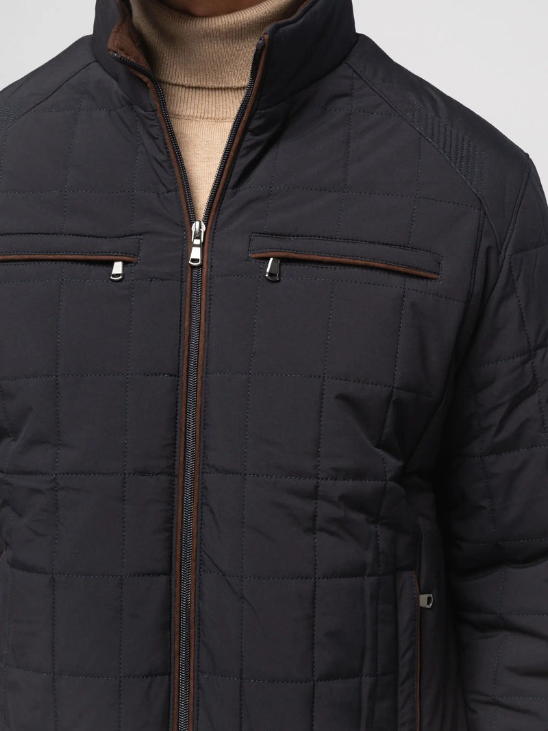 SMF Navy Quilted Grid Puffer Zip Up Jacket With Four Front Pockets