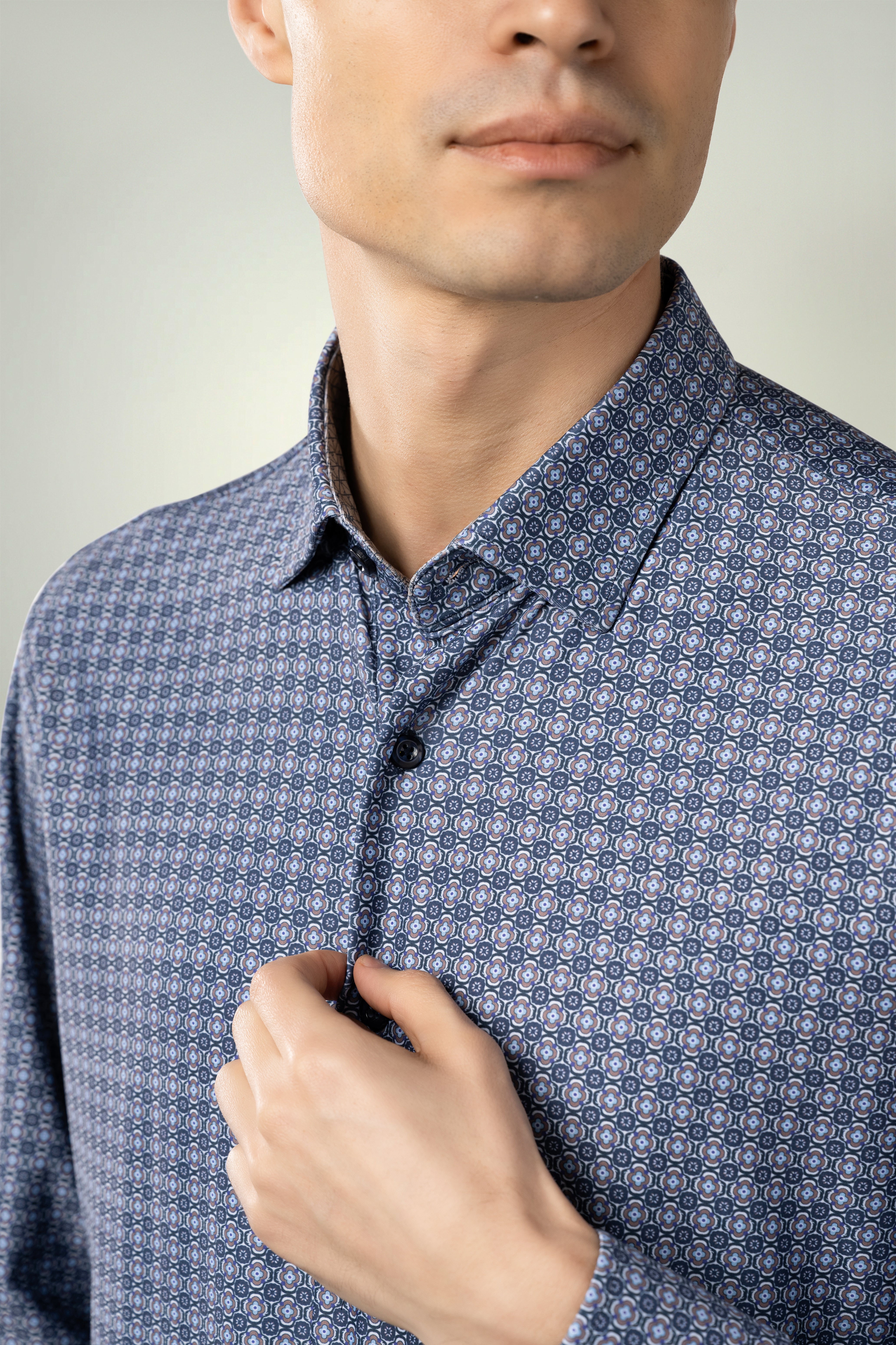Wholesale,Luchiano Visconti, Luchiano Visconti Navy Floral Geo Print 4 Way Stretch Long Sleeve Shirt, Blue, Large-46-TagL