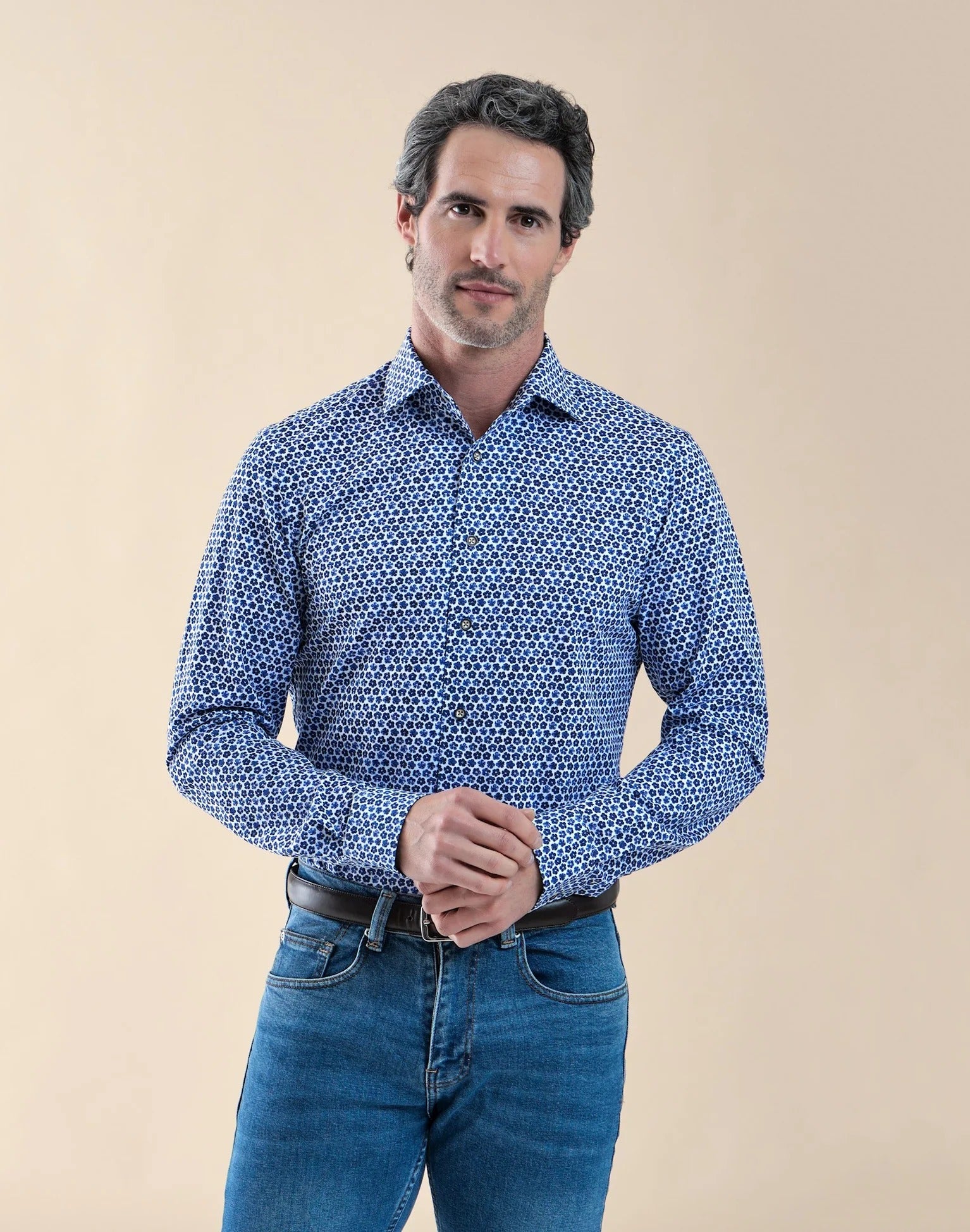 Brand Partner,R2 Amsterdam, R2 Amsterdam Blue Floral Print Knitted Pique Shirt, Blue, Large-44-Tag41