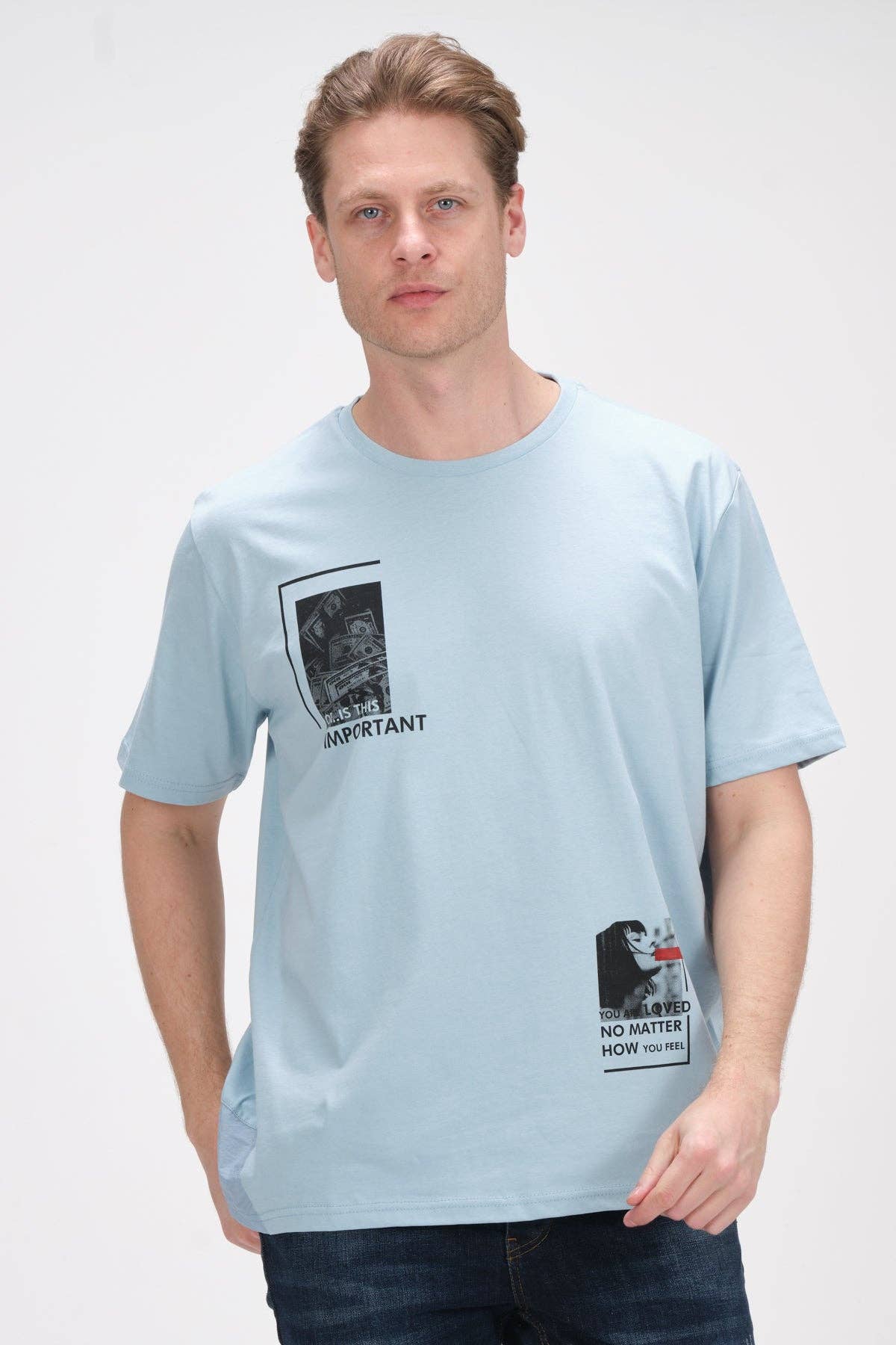 Faire,RNT 23, Ron Tomson Light Blue Conversational Tee, Blue, Large-48-TagL