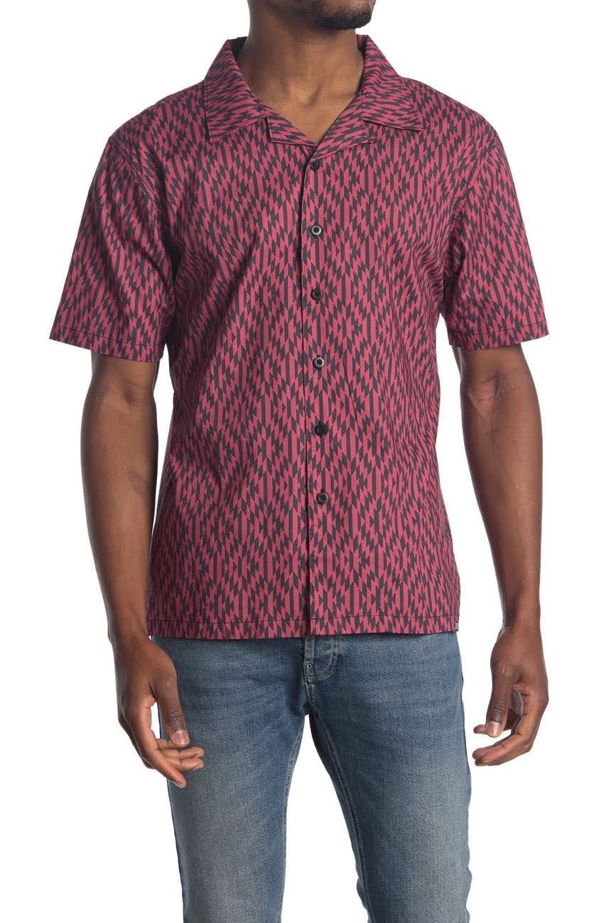Nordstrom Rack, Lost Tribal Print Short Sleeve Button Up Shirt, Red, Medium-42-TagM