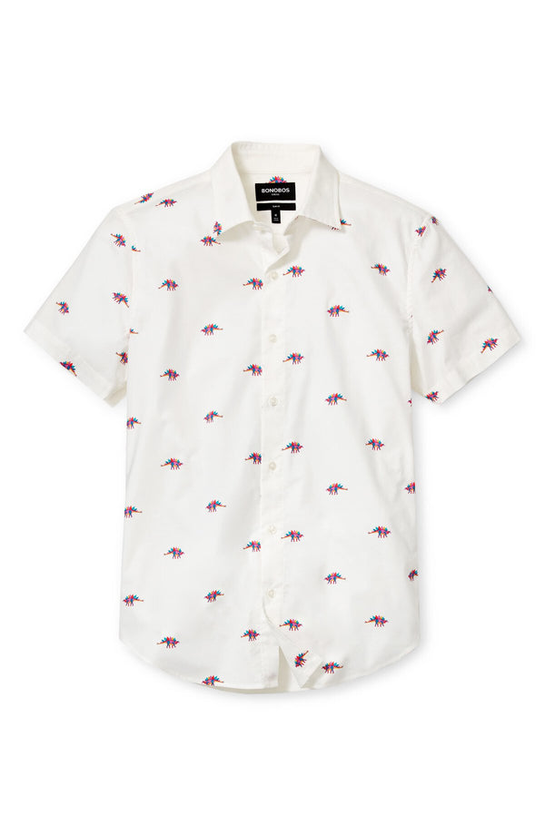 Bonobos White Stegosaurus Print Stretch Short Sleeve Button Up Shirt