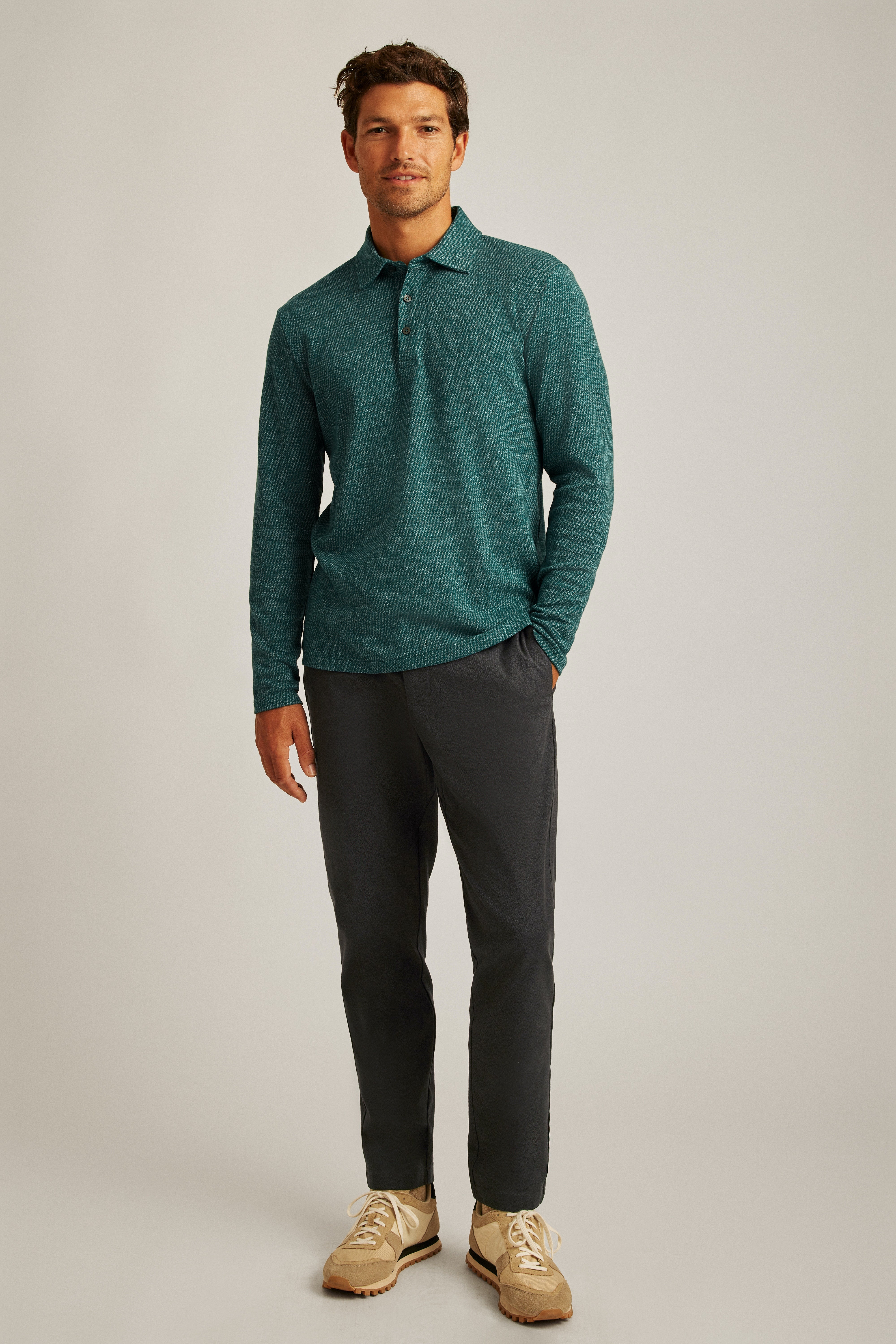 Wholesale,Bonobos, Bonobos Deep Teal Puppytooth Luxe Long Sleeve Polo, Green, Medium-41-TagM