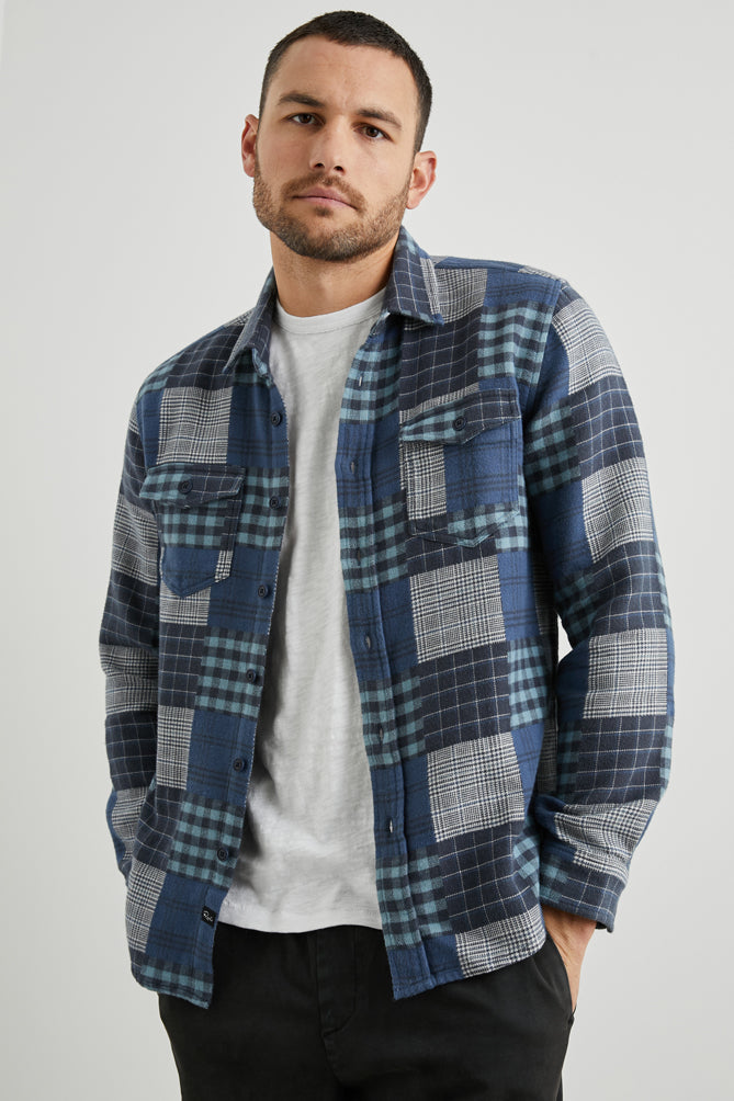 Wholesale,Rails, Rails Blue Patchwork Long Sleeve Flannel Shirt, Blue, Extra Large-49-TagXL