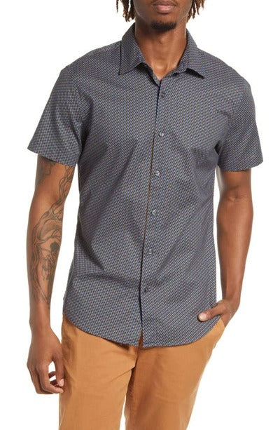 Bonobos Blue Geo Print Stretch Short Sleeve Button Up Shirt