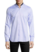 The Kooples Blue Pinstriped Leather Detail Mandarin Collar Button Up Shirt