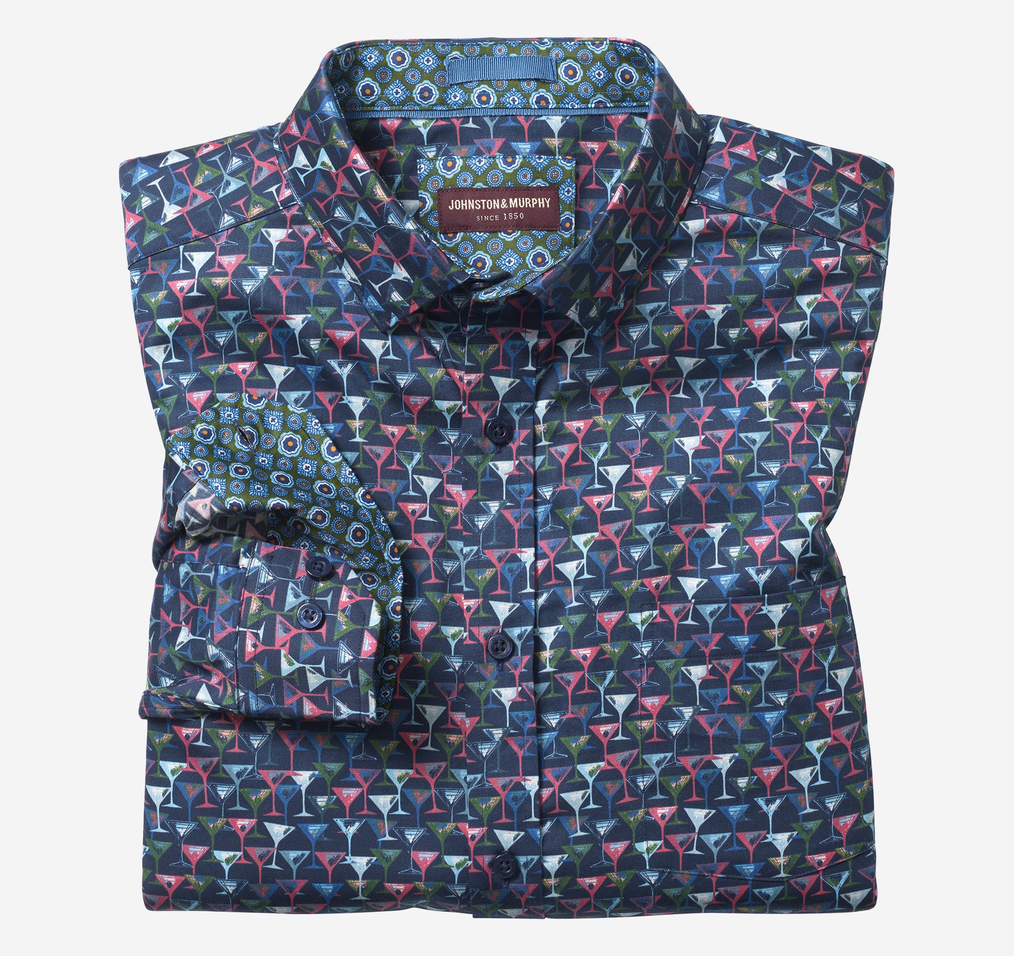 Wholesale,Johnston & Murphy, Johnston & Murphy Navy Multi Martini Print Long Sleeve Button Up Shirt, Blue, Medium-44-TagM