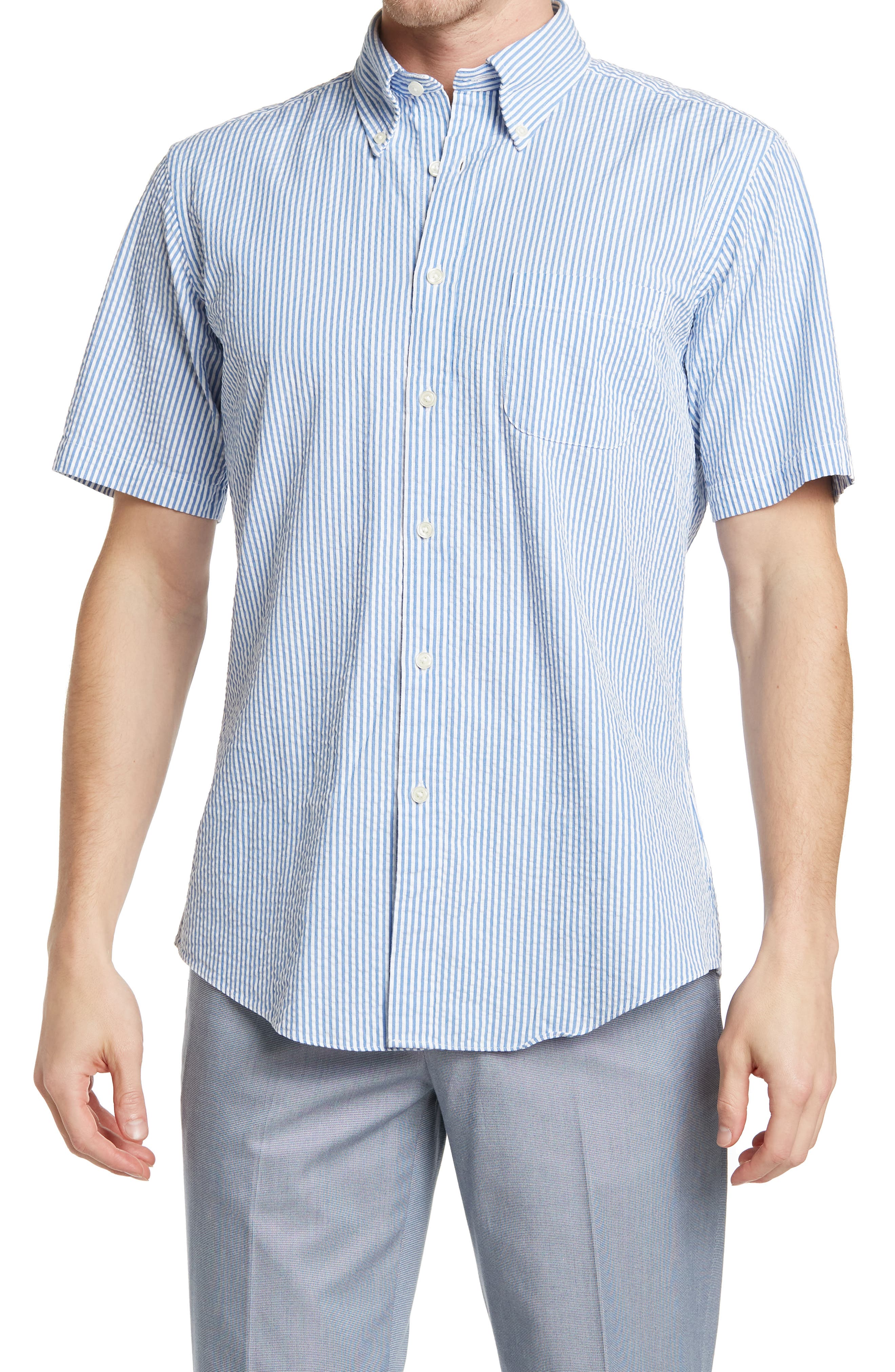 AW CHANG, Brooks Brother Blue Seersucker Short Sleeve Button Up Shirt, Blue, Large-47-TagLMedium-45-TagM