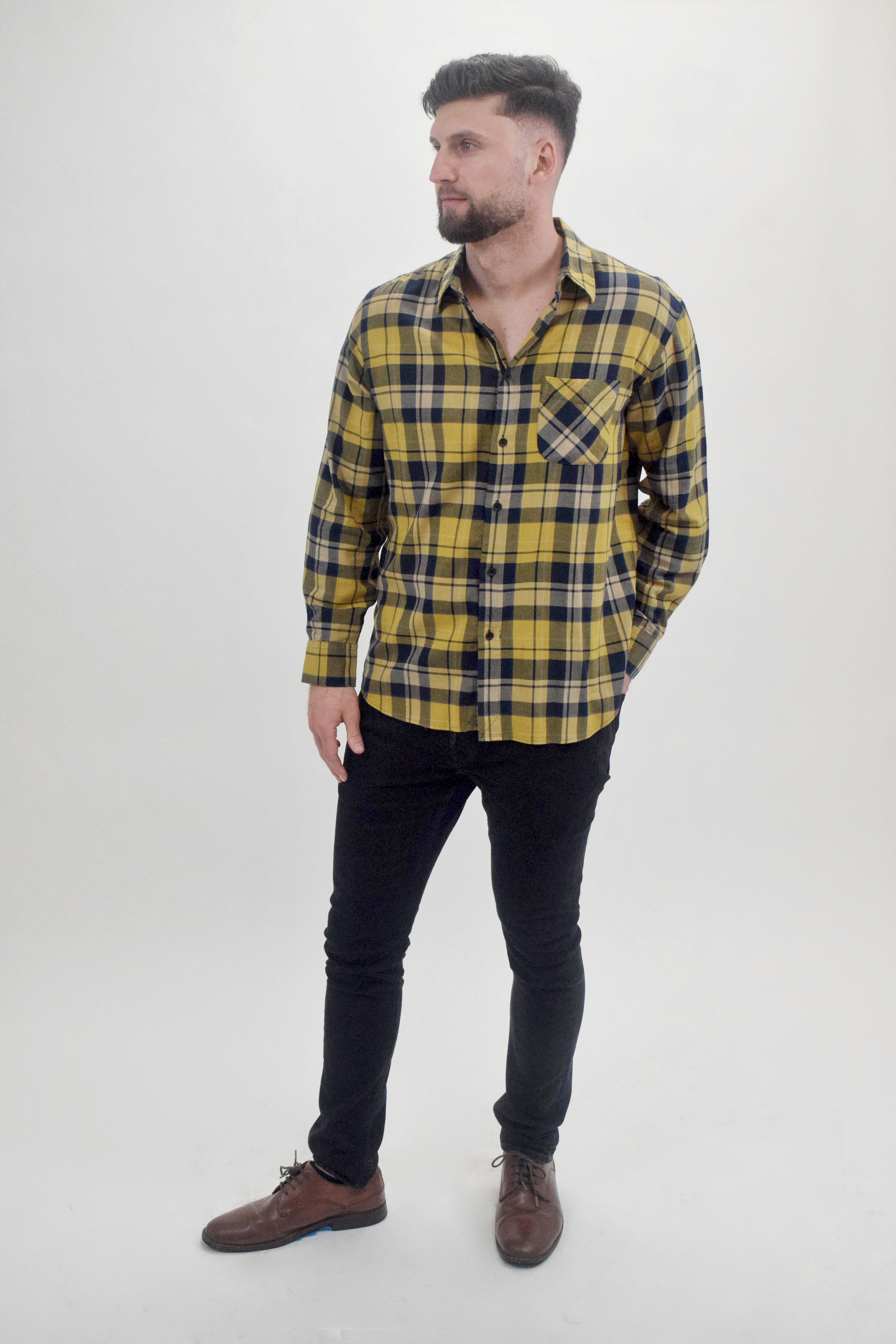 The RealReal,Rag & Bone, Rag & Bone Yellow And Navy Plaid Flannel Button Up Shirt With Front Chest Pocket, Yellow, Extra Large-48-TagL