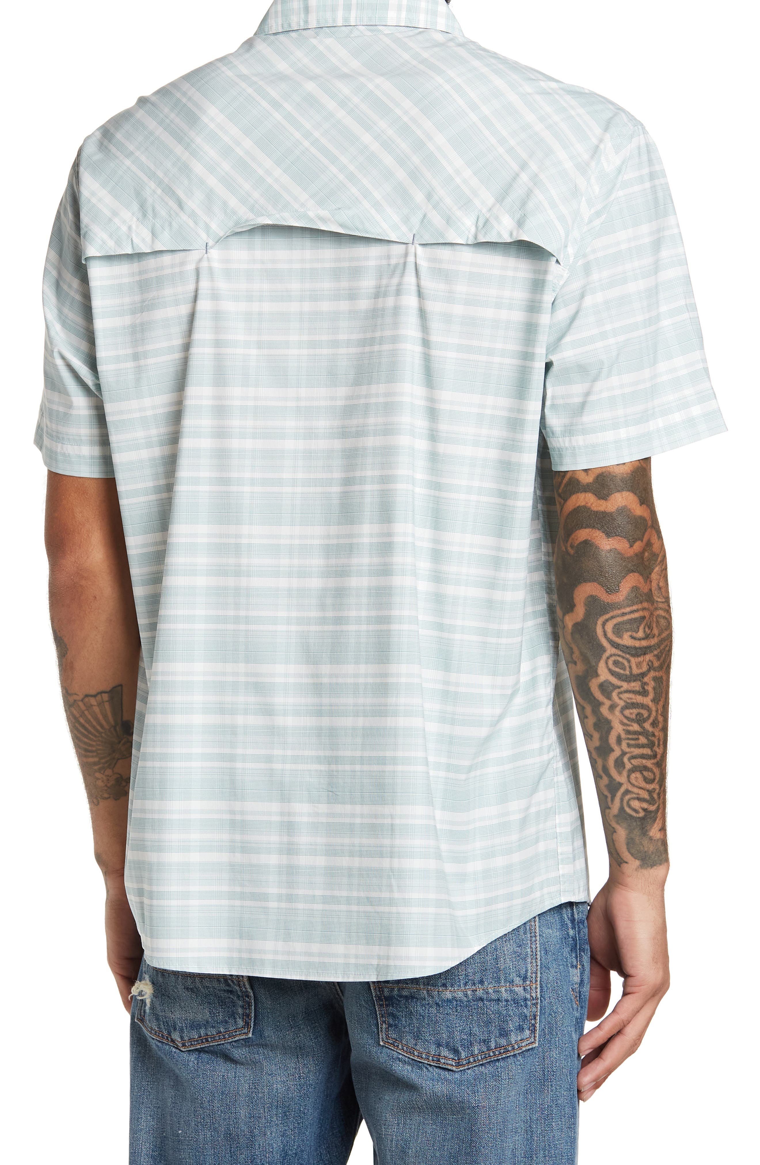 Nordstrom Rack,Flag & Anthem, Flag & Anthem Green Stripe Short Sleeve Performance Button Up Shirt, Green, Medium-45-TagM
