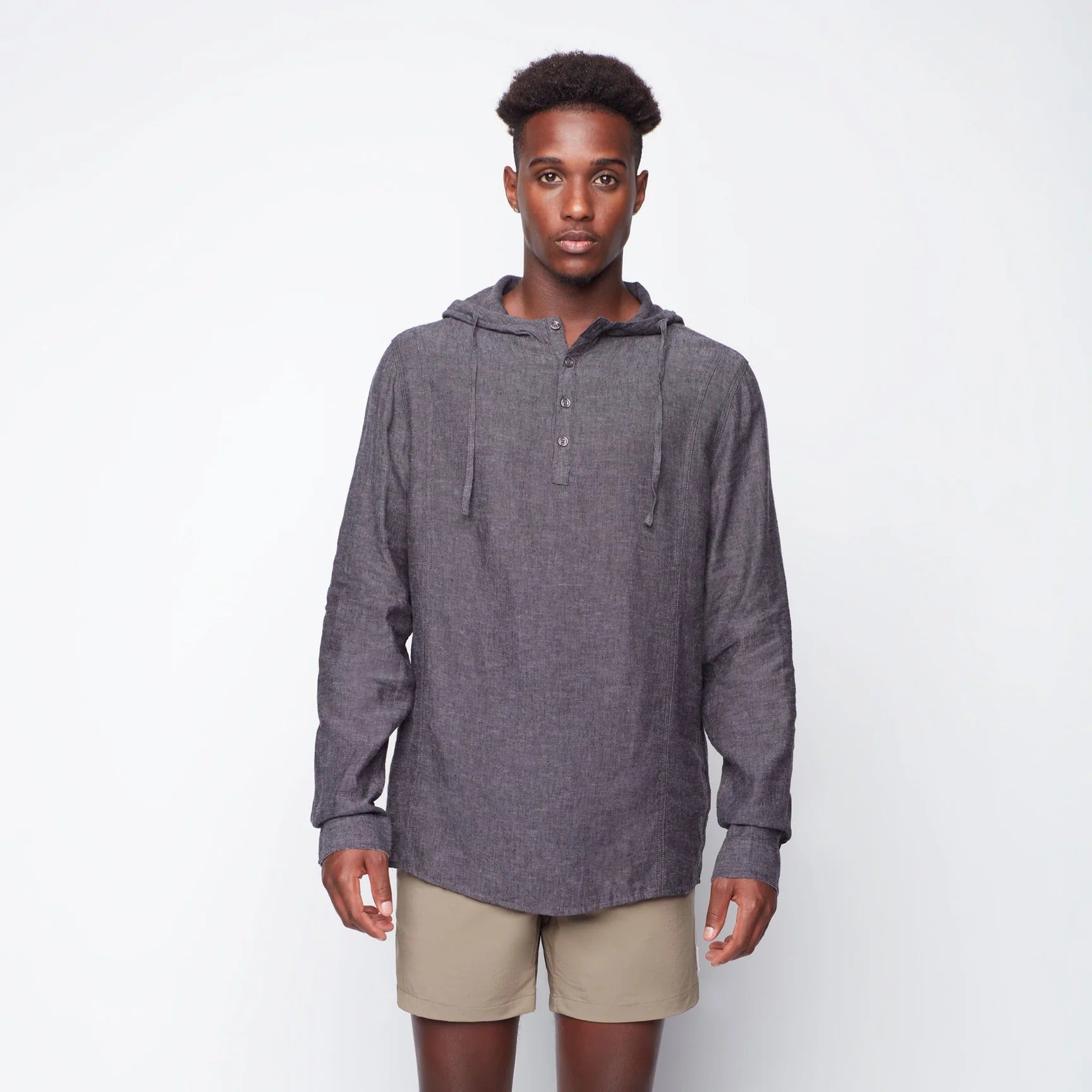 Wholesale,Public Beach, Public Beach Charcoal Linen Blend Long Sleeve Shirt with Hood, Grey, Large-46-TagL