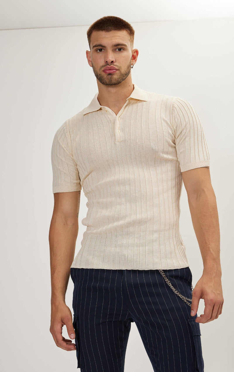 Ron Tomson Beige Ribbed Short Sleeve Knit Polo