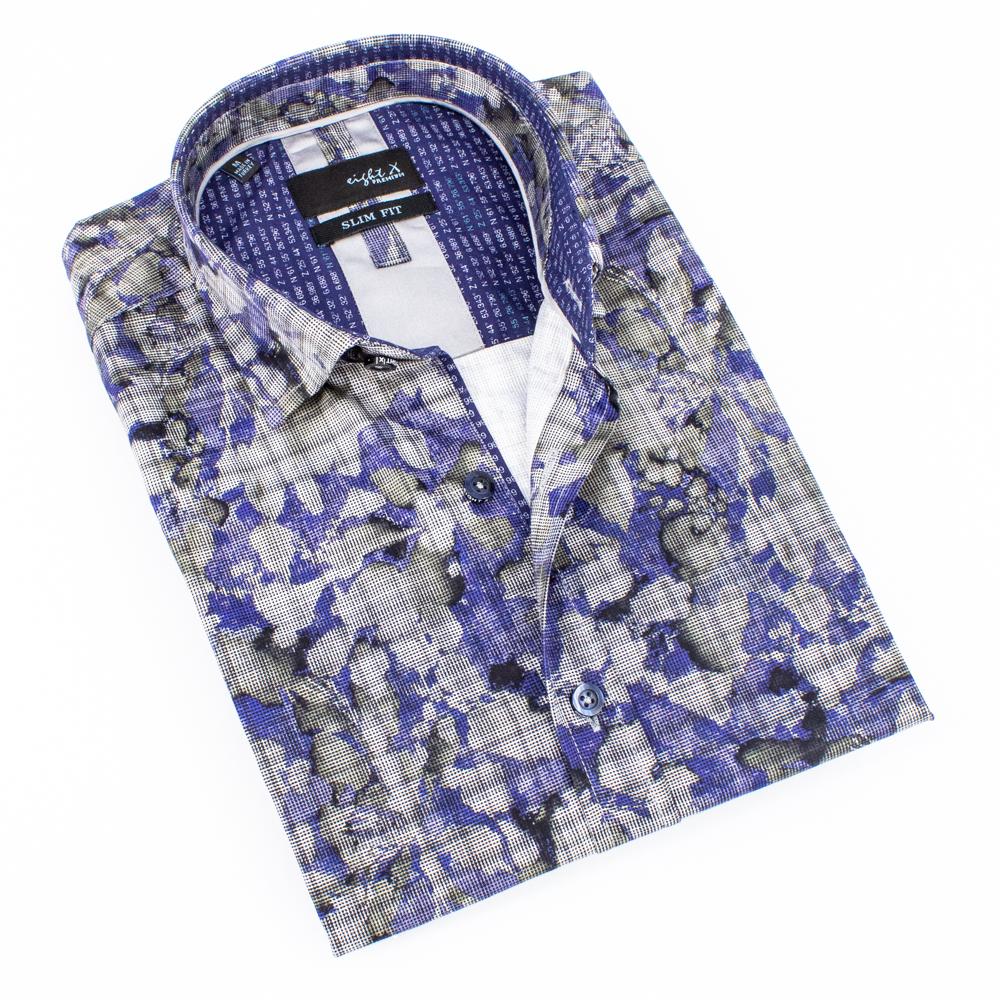 Faire,Eight X, Eight X Grey Floral Print Short Sleeve Button Up Shirt, Grey, Medium-42-TagM