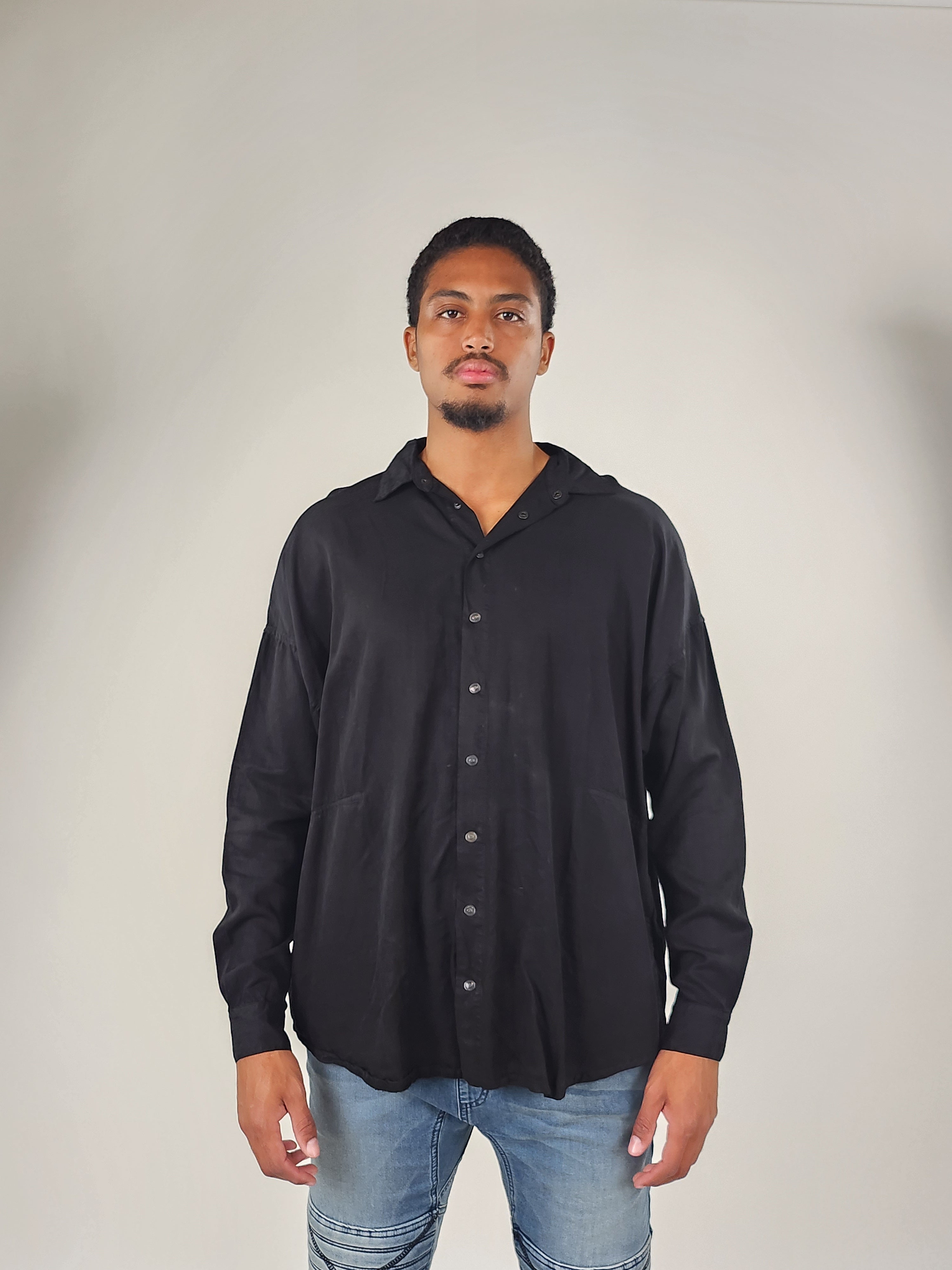 Wholesale,Reesedeluca, Reese De Luca Black Long Sleeve Snap Button Up Shirt with Side Pockets, Black, Extra Extra Large-55-TagM