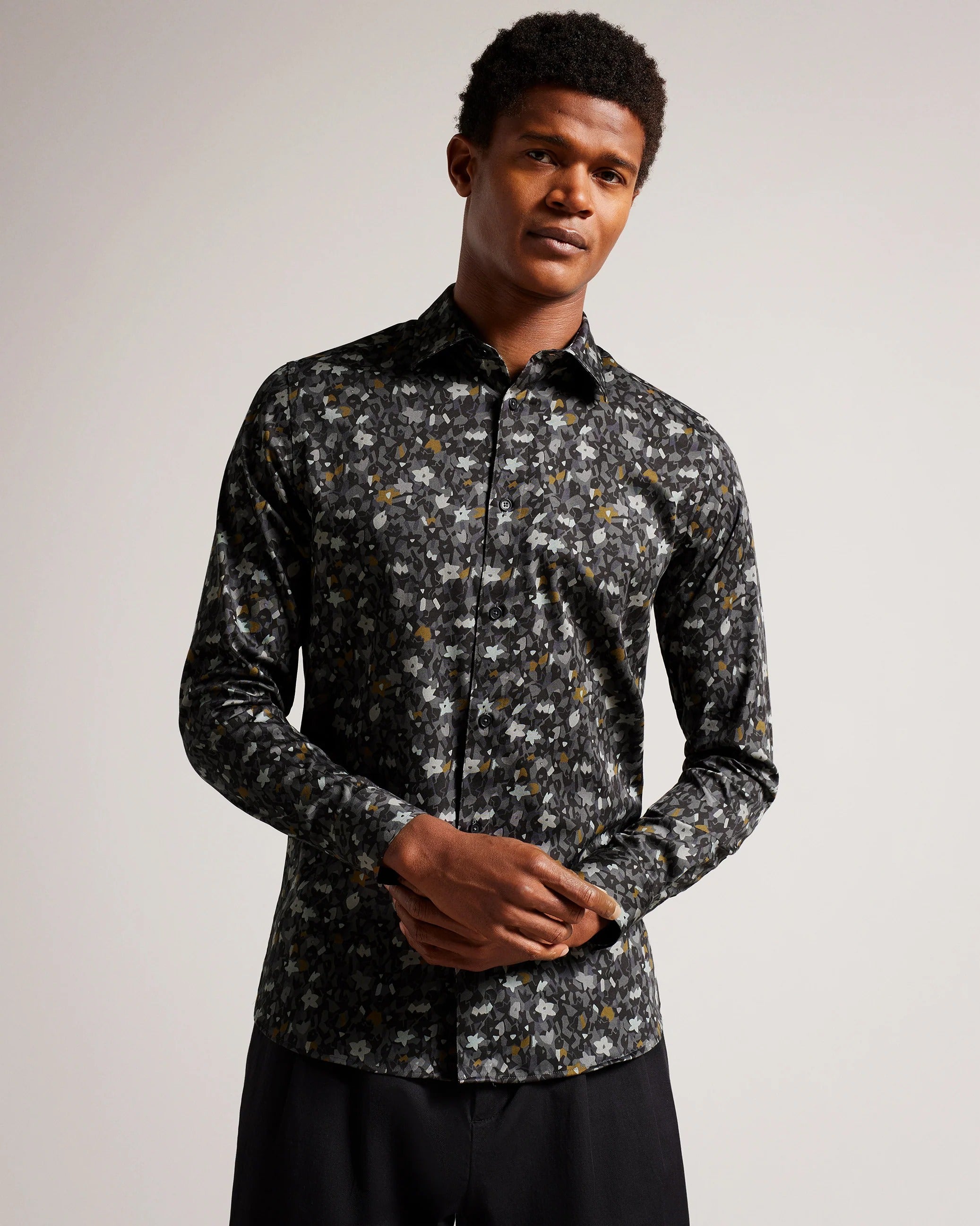 Other,Ted Baker, Ted Baker Grey/Black Floral Print Torted Woven Shirt, Grey, Medium-44-TagM