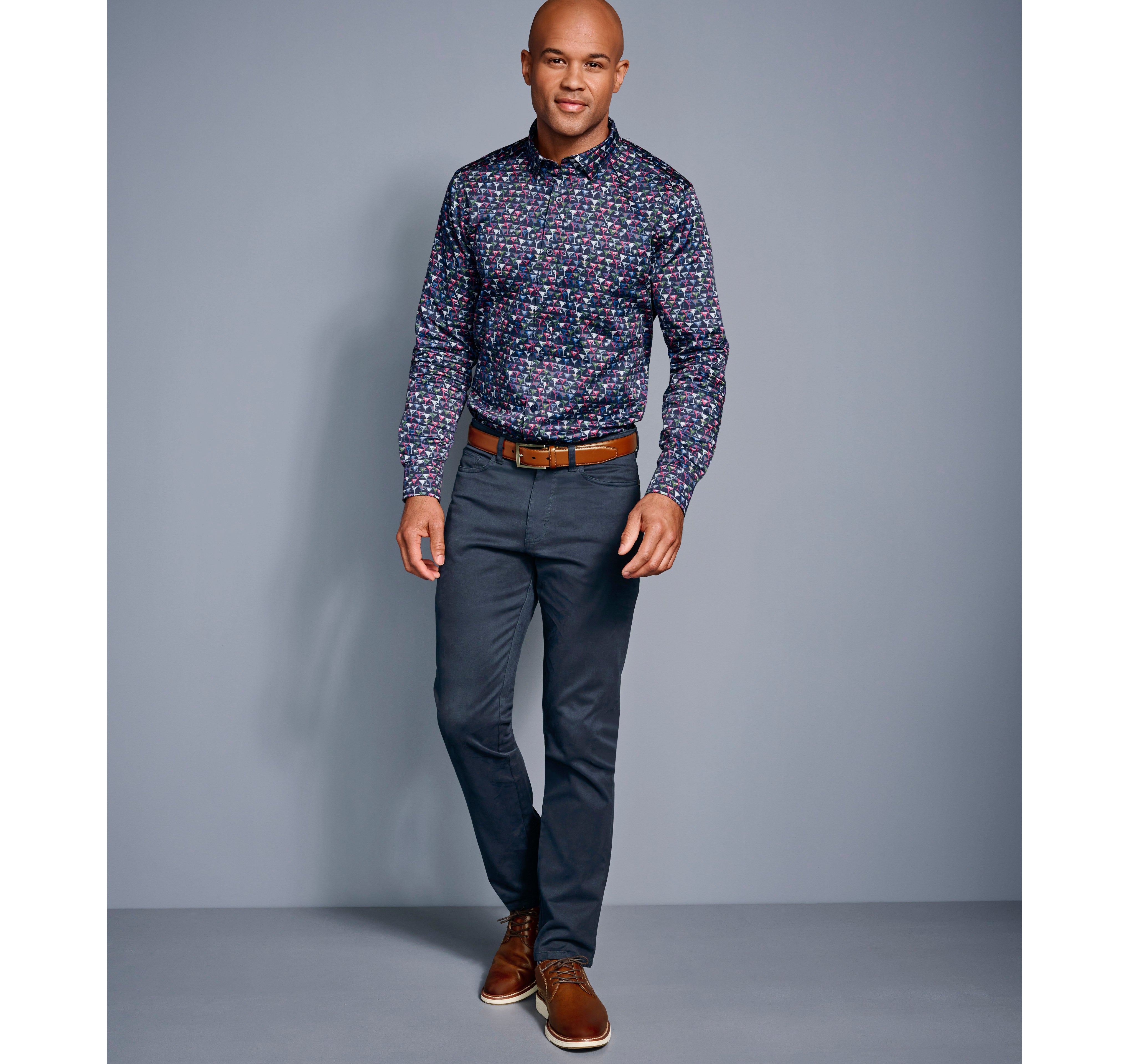 Wholesale,Johnston & Murphy, Johnston & Murphy Navy Multi Martini Print Long Sleeve Button Up Shirt, Blue, Large-47-TagL