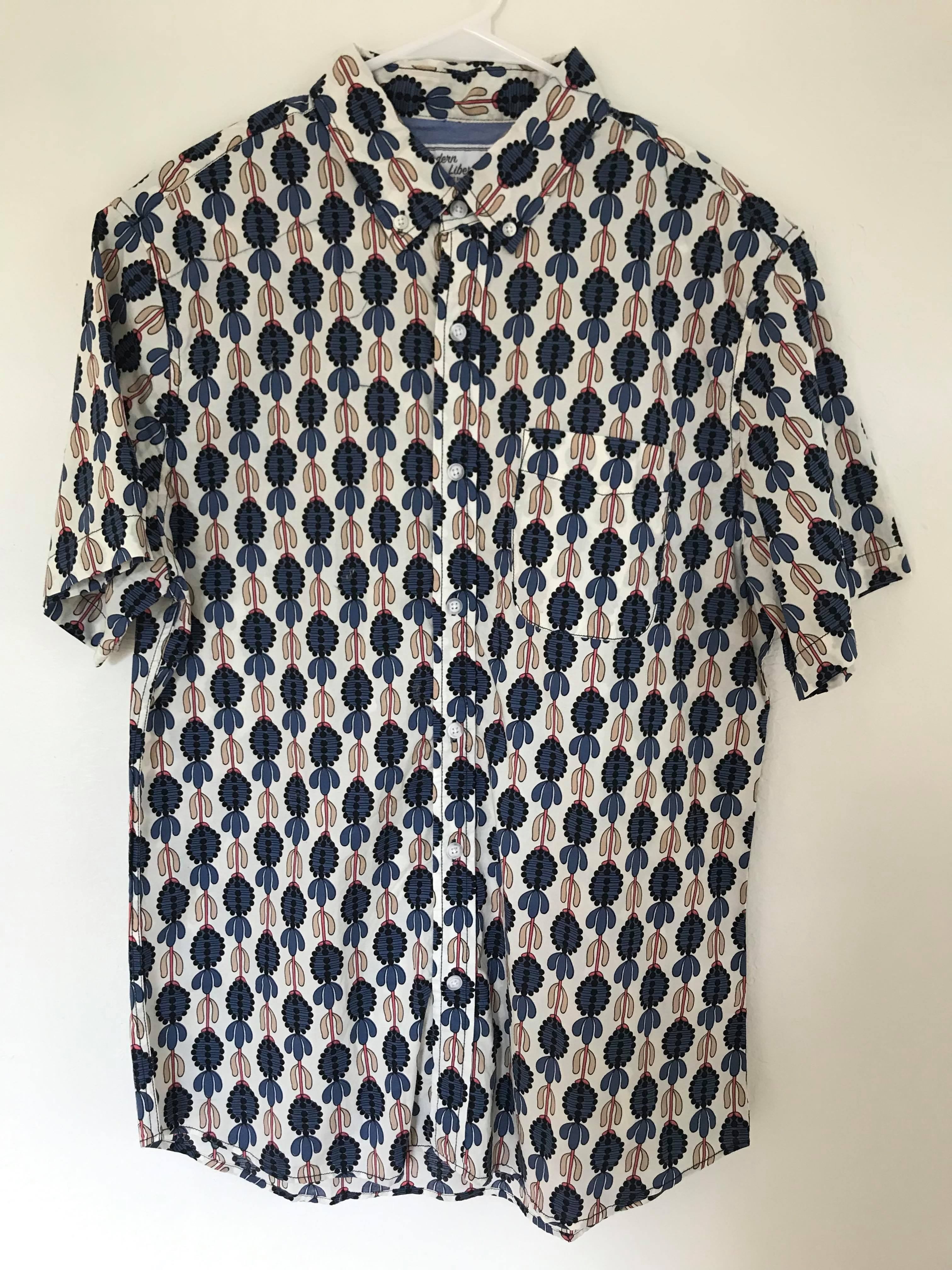 Brand Partner,Modern Liberation, Modern Liberation Blue Colorful Floral Print Button Up Shortsleeve Shirt, Blue, Medium-42-TagM