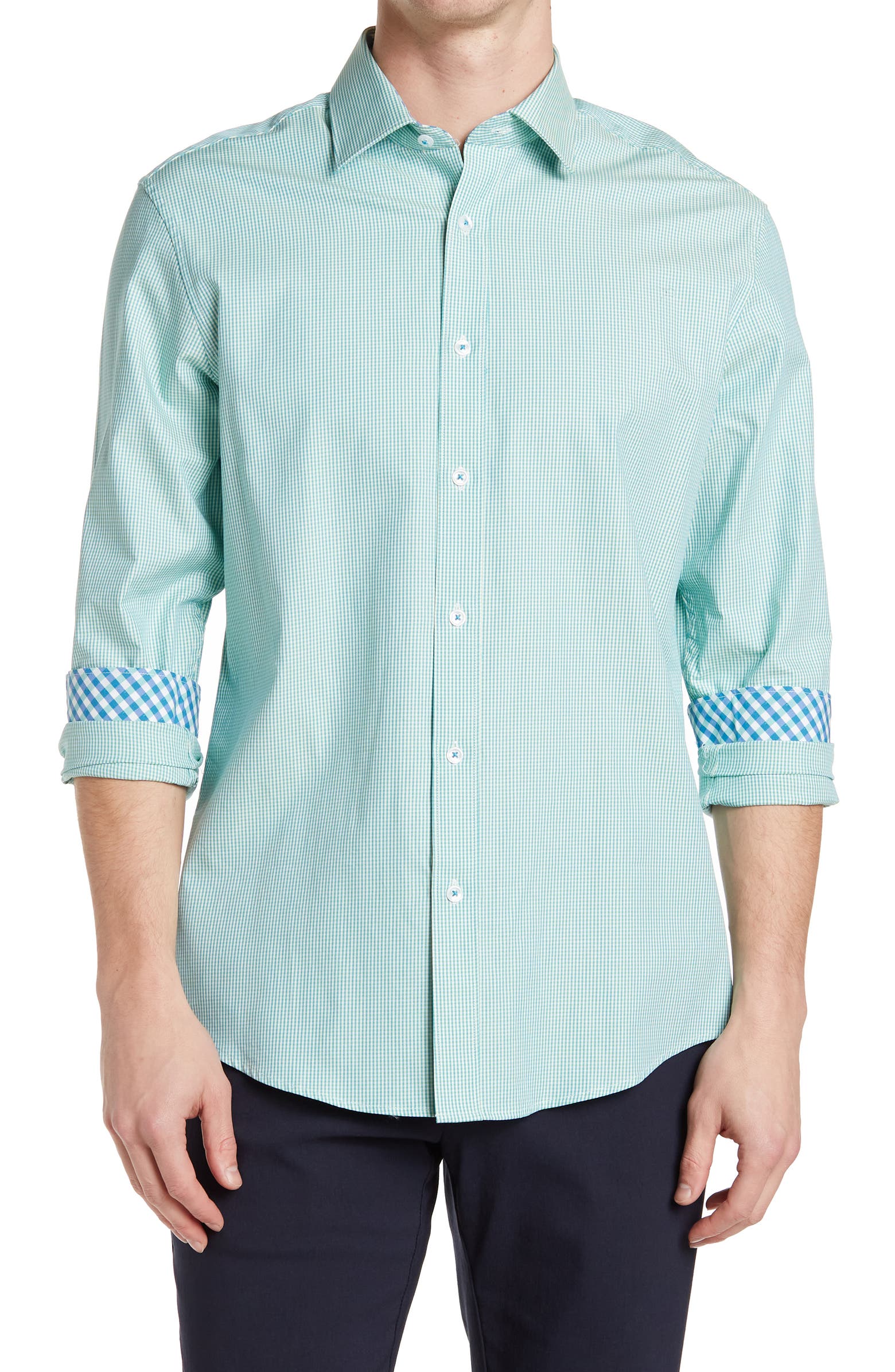 Nordstrom Rack, JAMES TATTERSALL Slim Fit Green Micro Houndstooth Button-up Shirt, Green, Medium-43-TagM