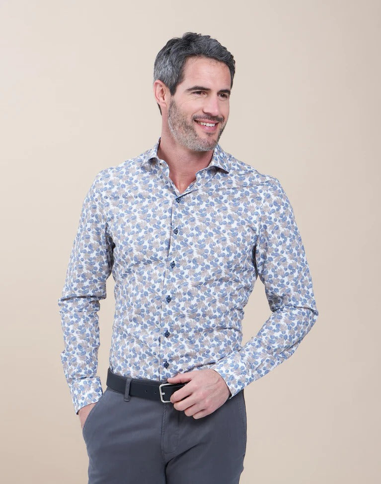 Brand Partner,R2 Amsterdam, R2 Amsterdam White/Blue Leaf Print Long Sleeve Button Up Shirt, White, Large-45-Tag42