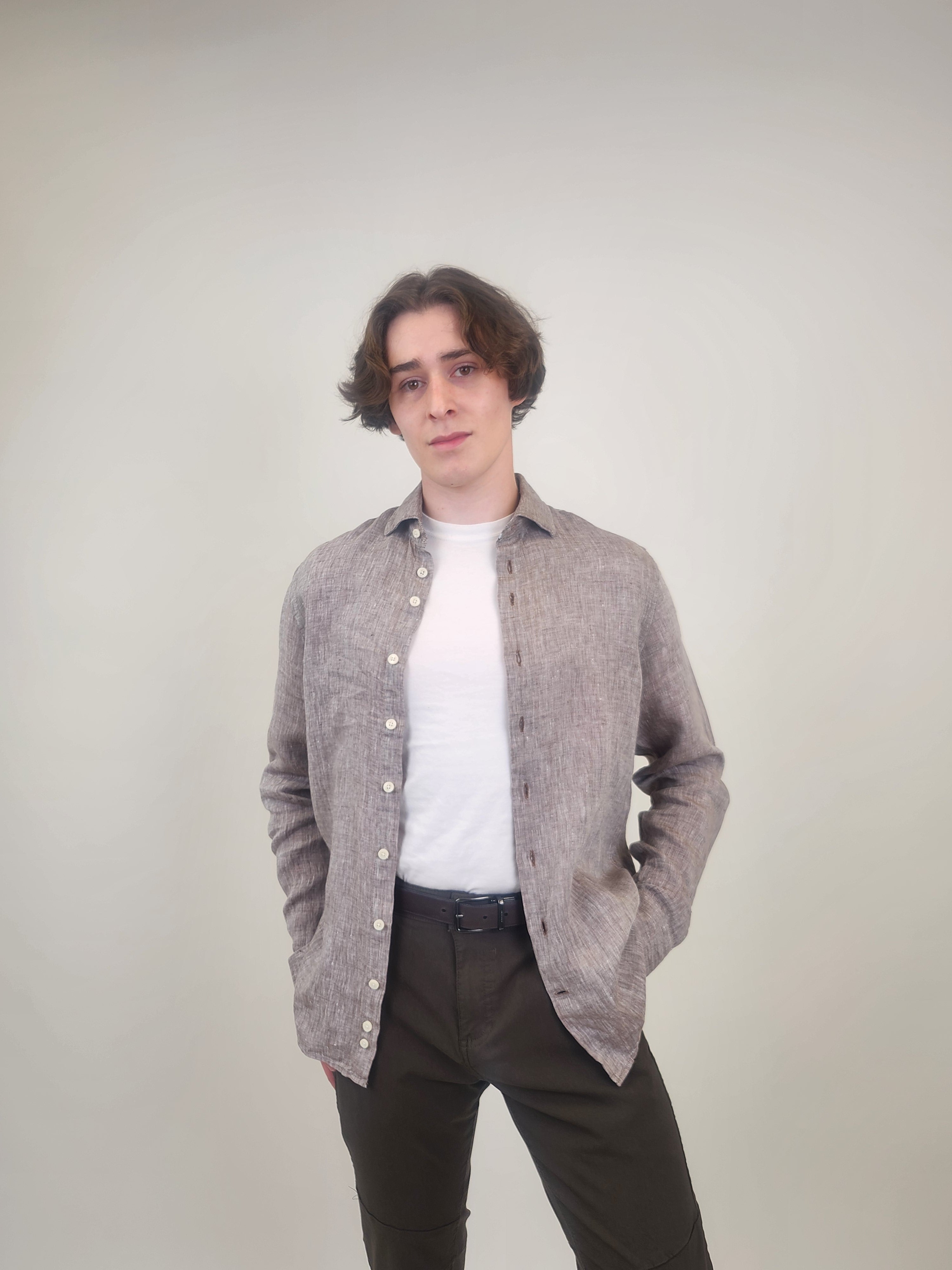 Brand Partner,R2 Amsterdam, R2 Amsterdam Brown Linen Long Sleeve Shirt, Brown, Small-42-TagSExtra Extra Large-54-TagXXL