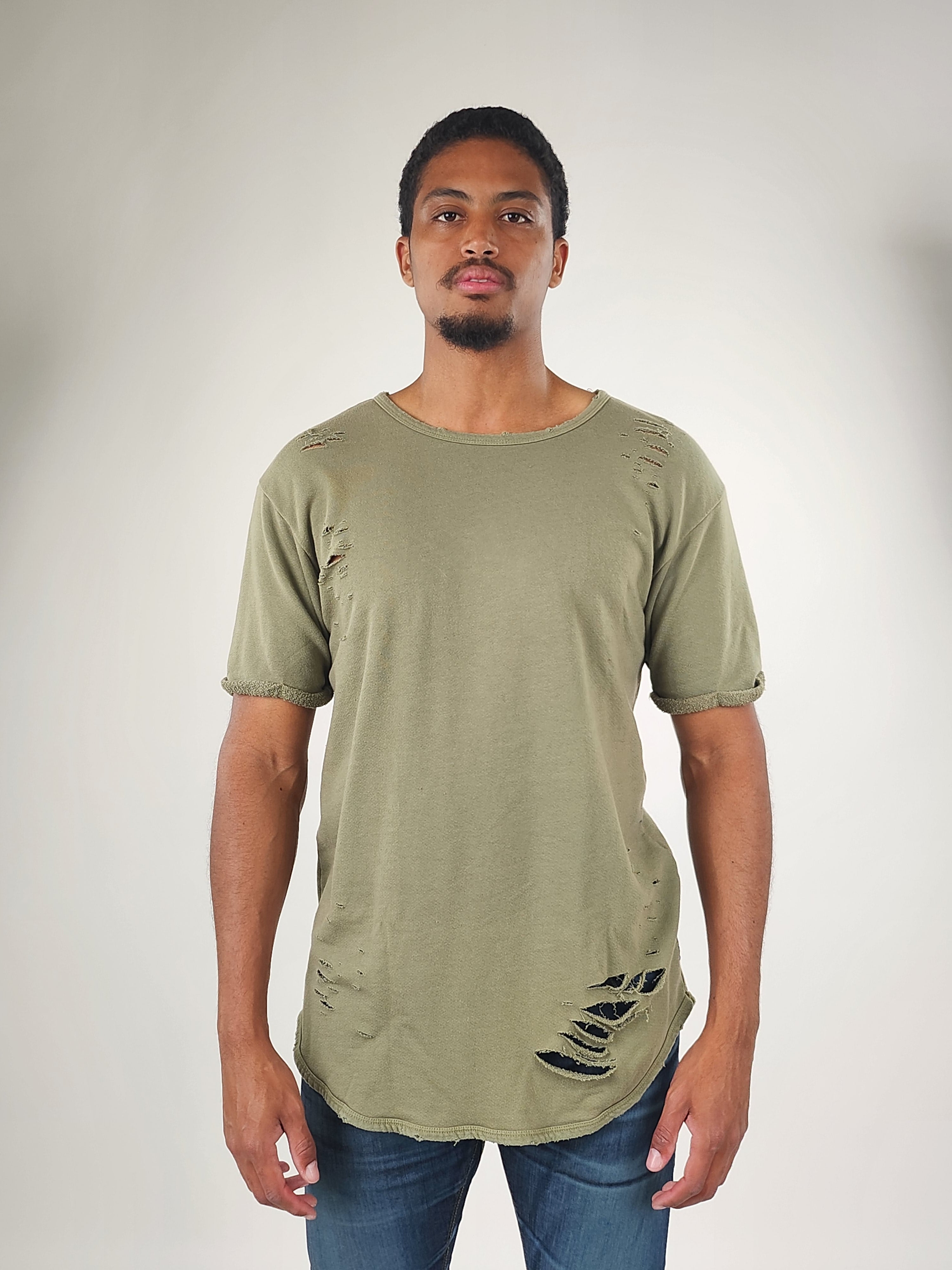 Wholesale,Reesedeluca, Reese De Luca Olive Green Short Sleeve Ripped T-Shirt, Green, Medium-43-TagM