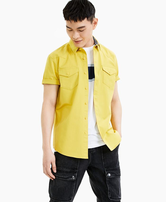 Sun + Stone Yellow Western Short Sleeve Button Up Shirts