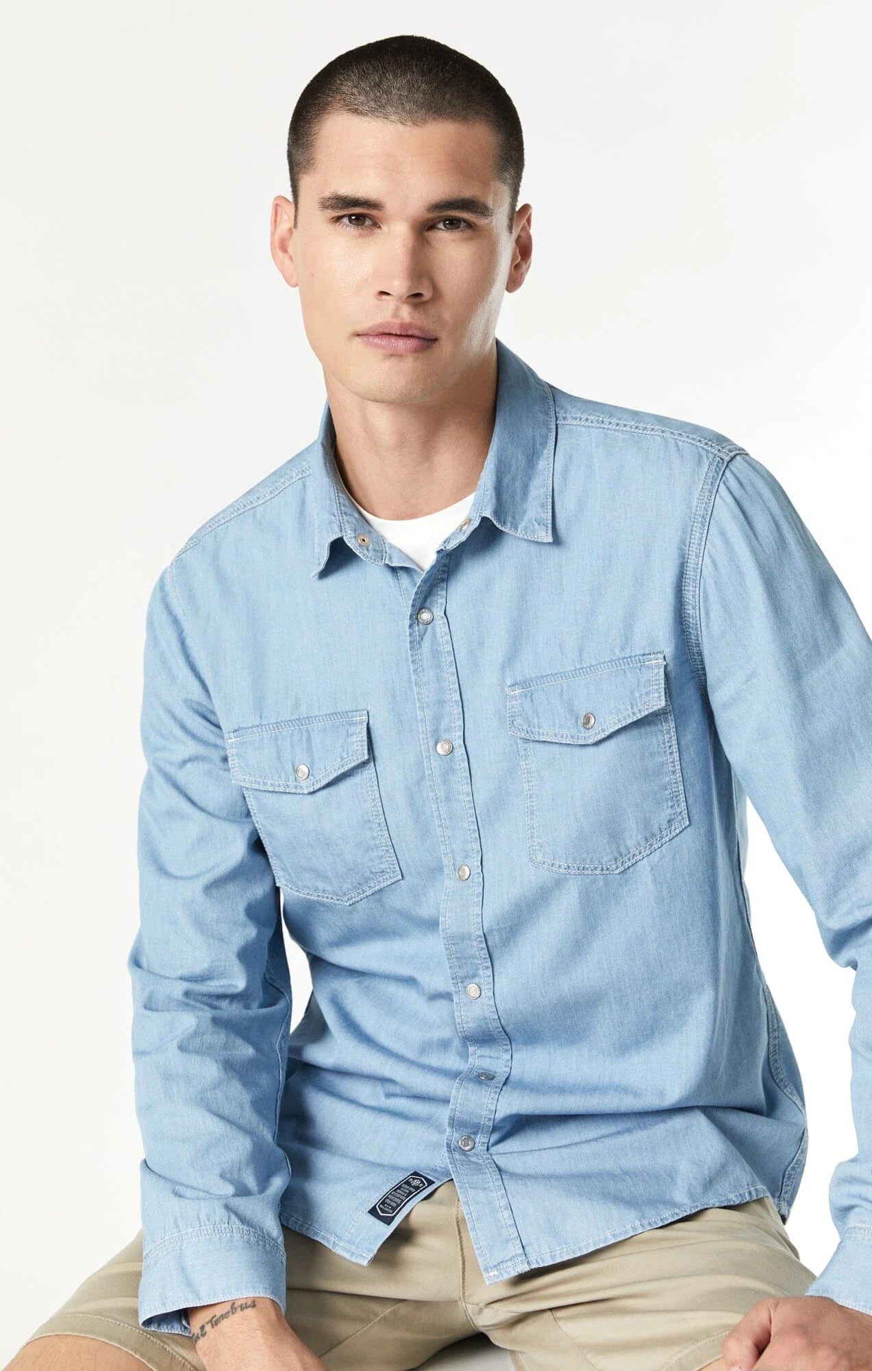 Otrium,Mavi, Mavi Light Blue Heavy Denim Snap Button Up Shirt, Blue, Large-46-TagL