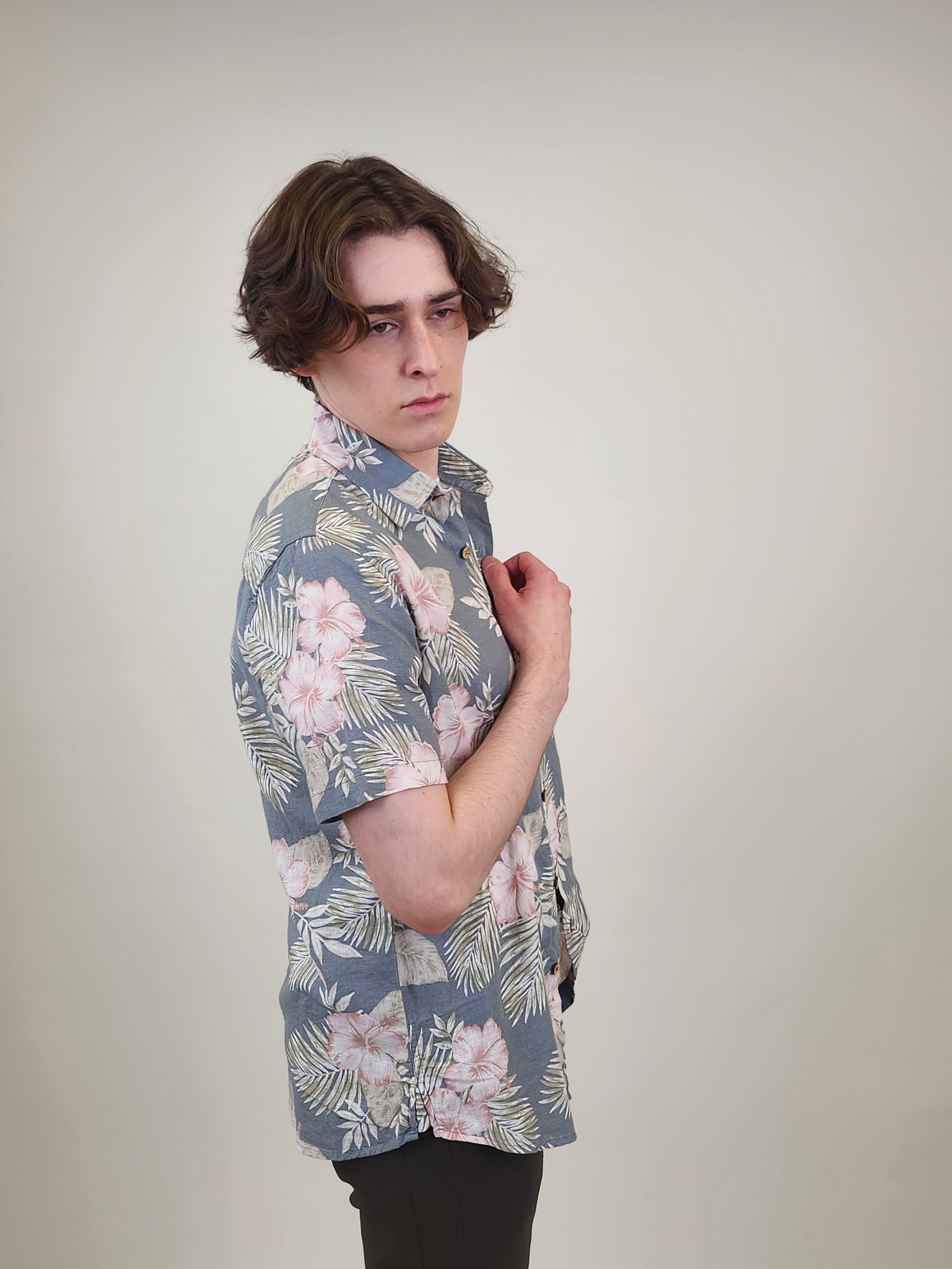 Wholesale,Projek Raw, Projek Raw Charcoal/Pink Tropical Linen Blend Short Sleeve Shirt, Grey, Large-46-TagL